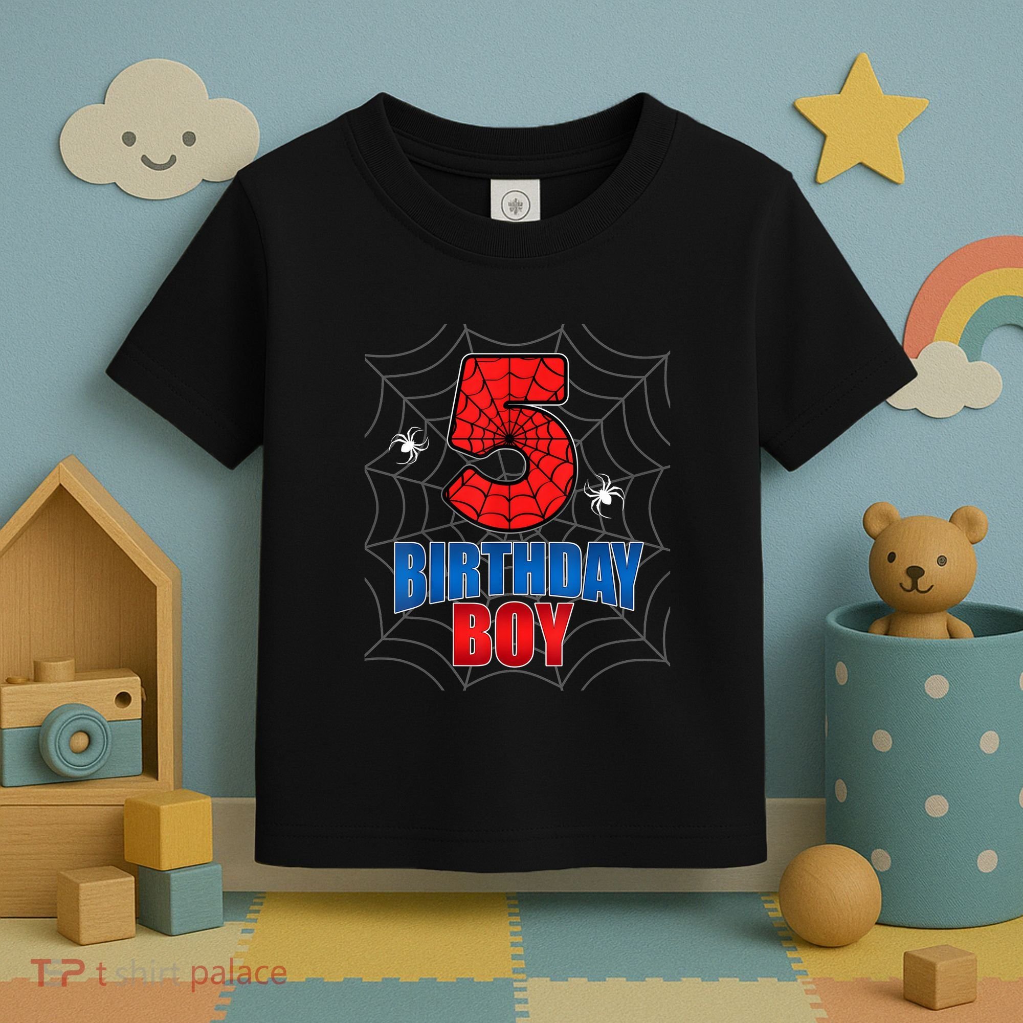 Spider Web Five 5 Years Old 5th Birthday Boy Party Toddler T-Shirt