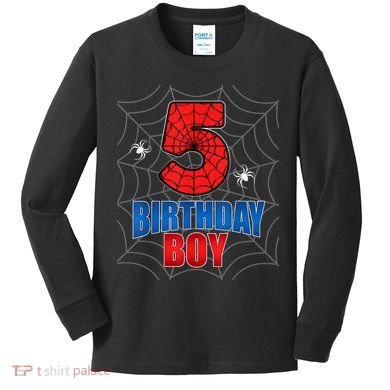 Spider Web Five 5 Years Old 5th Birthday Boy Party Kids Long Sleeve Shirt