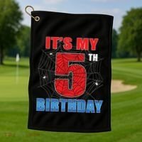 Spider Web Five 5 Years Old Its My 5th Birthday Boy Party Golf Towel thumb 1