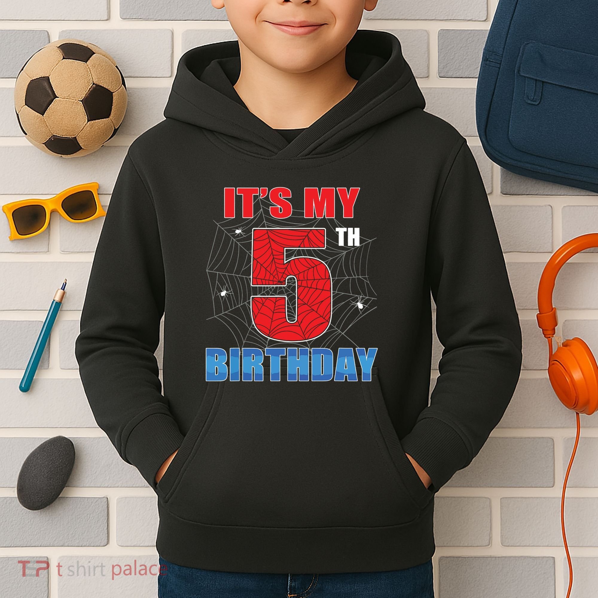 Spider Web Five 5 Years Old Its My 5th Birthday Boy Party Kids Hoodie