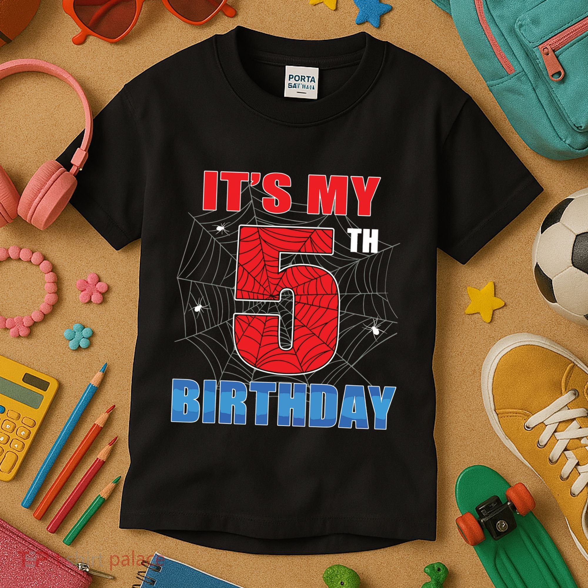 Spider Web Five 5 Years Old Its My 5th Birthday Boy Party Kids T-Shirt
