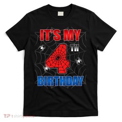 Spider Web Four 4 Years Old ItS My 4th Birthday Boy Party T-Shirt