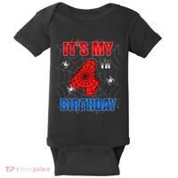 Spider Web Four 4 Years Old ItS My 4th Birthday Boy Party Baby Bodysuit thumb 0