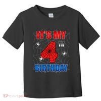 Spider Web Four 4 Years Old ItS My 4th Birthday Boy Party Toddler T-Shirt thumb 0