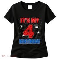 Spider Web Four 4 Years Old ItS My 4th Birthday Boy Party Women's T-Shirt thumb 0