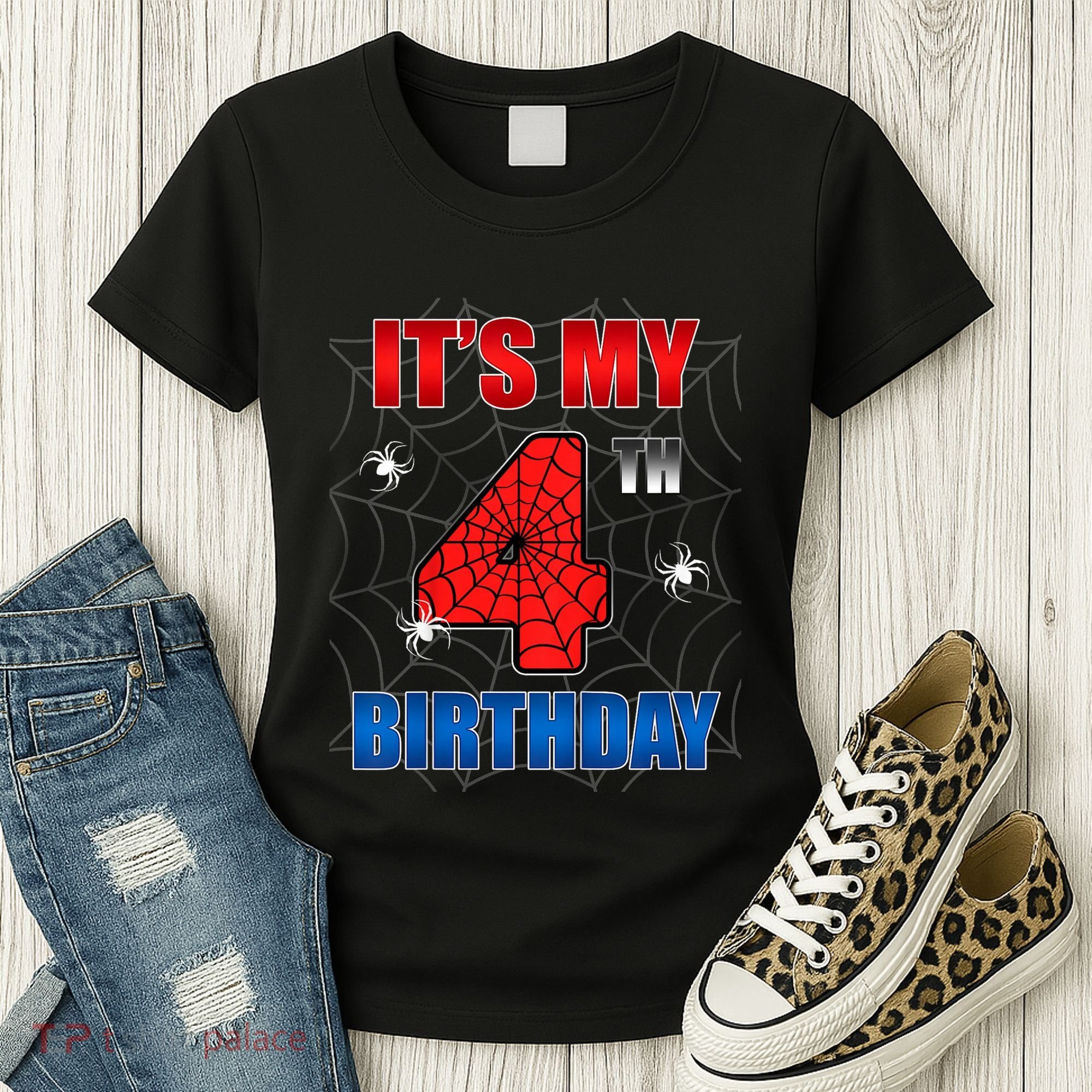 Spider Web Four 4 Years Old ItS My 4th Birthday Boy Party Women's T-Shirt
