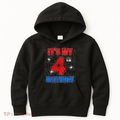 Spider Web Four 4 Years Old ItS My 4th Birthday Boy Party Kids Hoodie