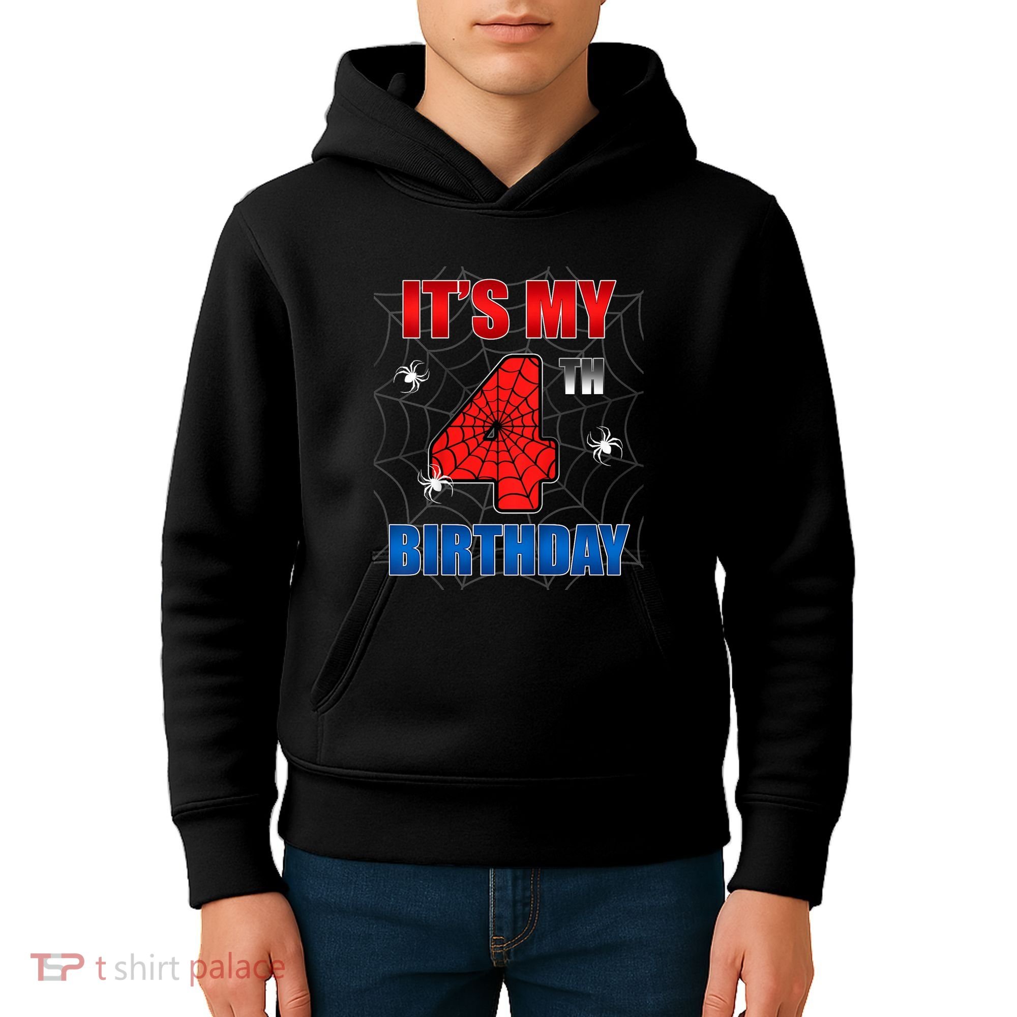 Spider Web Four 4 Years Old ItS My 4th Birthday Boy Party Kids Hoodie