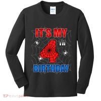 Spider Web Four 4 Years Old ItS My 4th Birthday Boy Party Kids Long Sleeve Shirt thumb 0