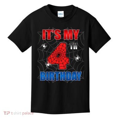 Spider Web Four 4 Years Old ItS My 4th Birthday Boy Party Kids T-Shirt