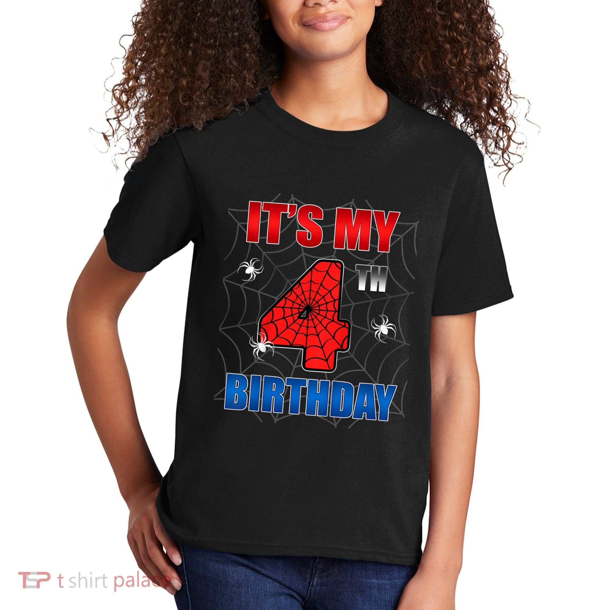 Spider Web Four 4 Years Old ItS My 4th Birthday Boy Party Kids T-Shirt