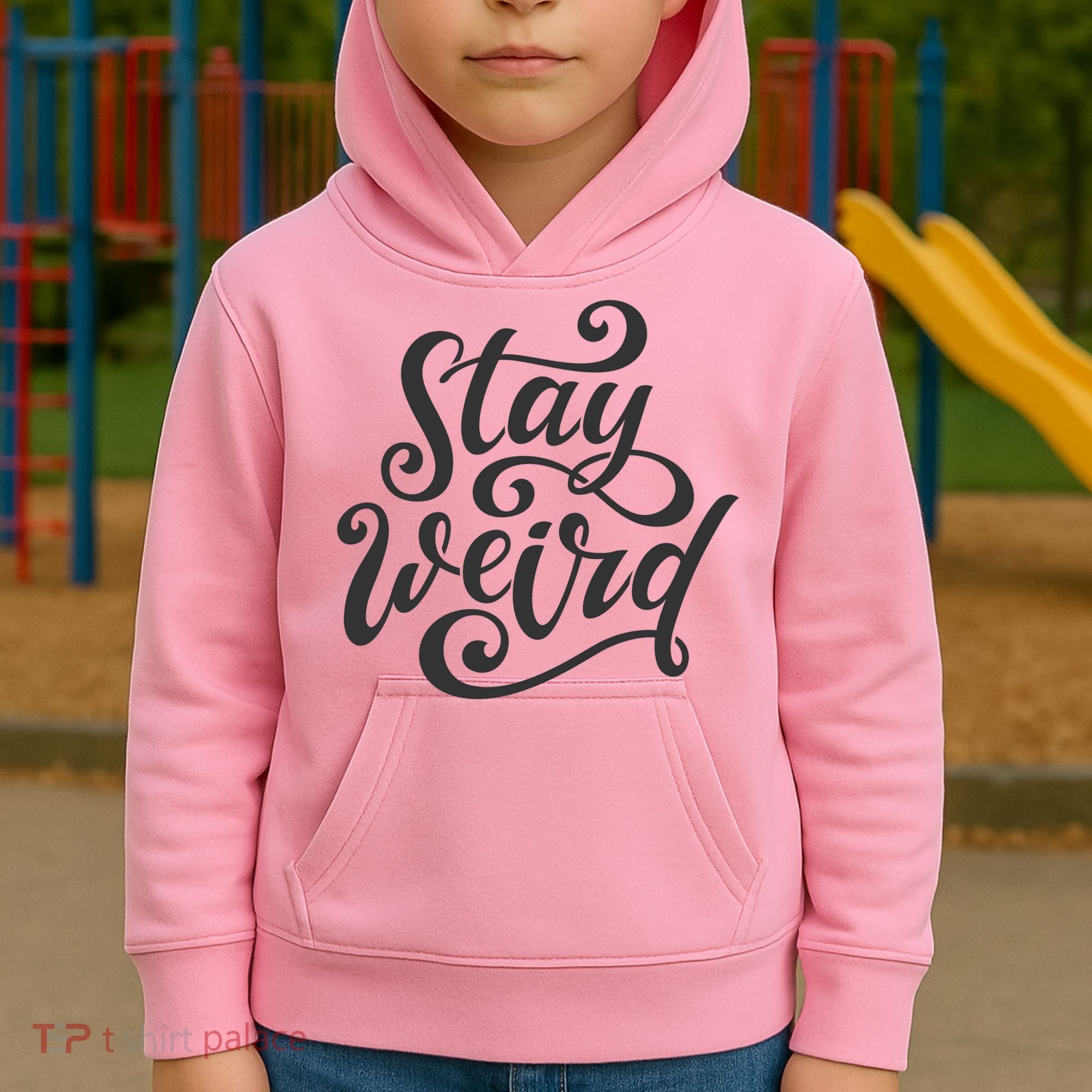 Stay Weird Funny Hand Drawn Calligraphy Kids Hoodie