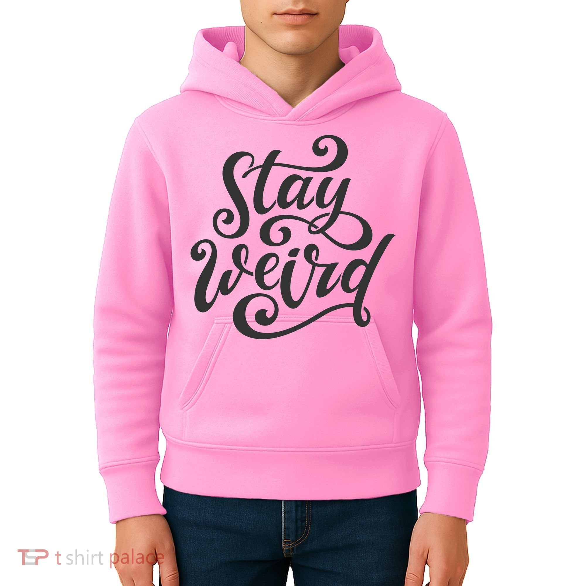 Stay Weird Funny Hand Drawn Calligraphy Kids Hoodie