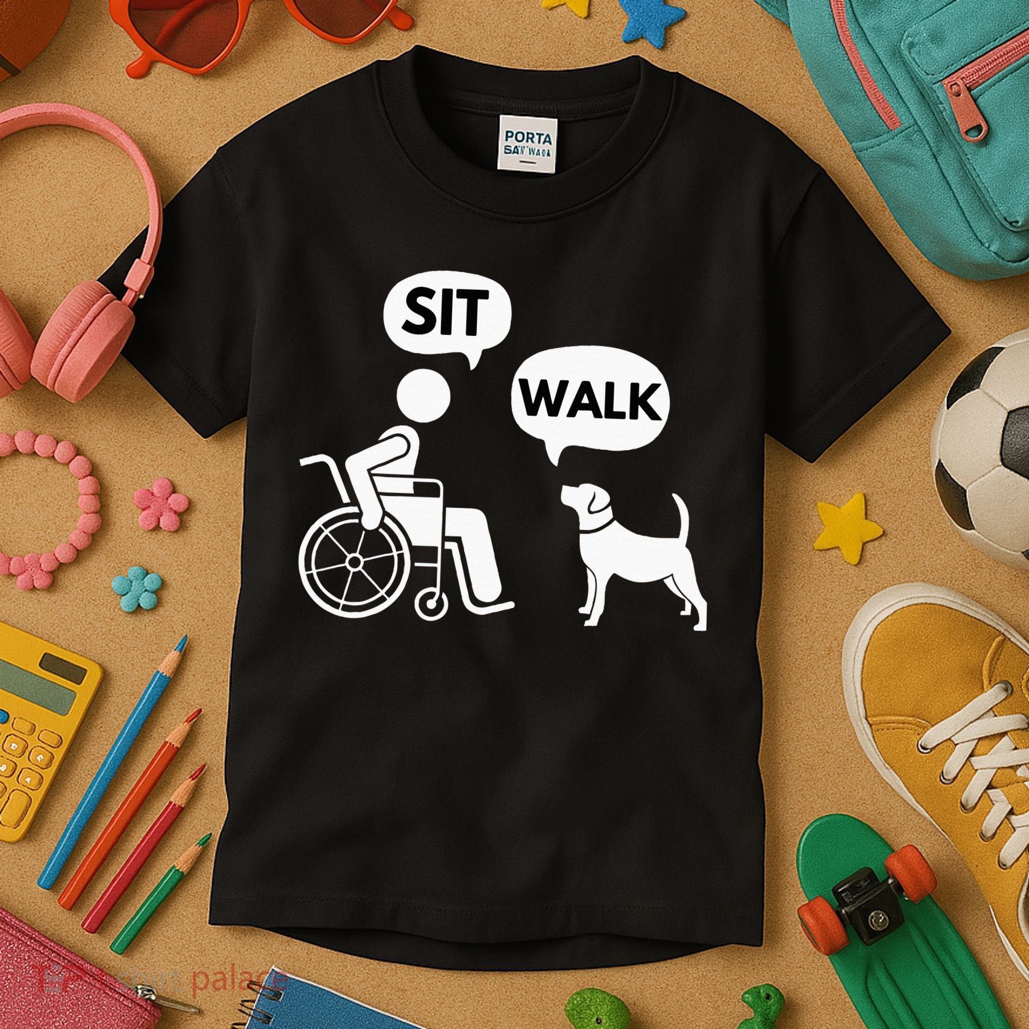 Sit Walk Funny Disabled Wheelchair User & Pet Dog Kids T-Shirt