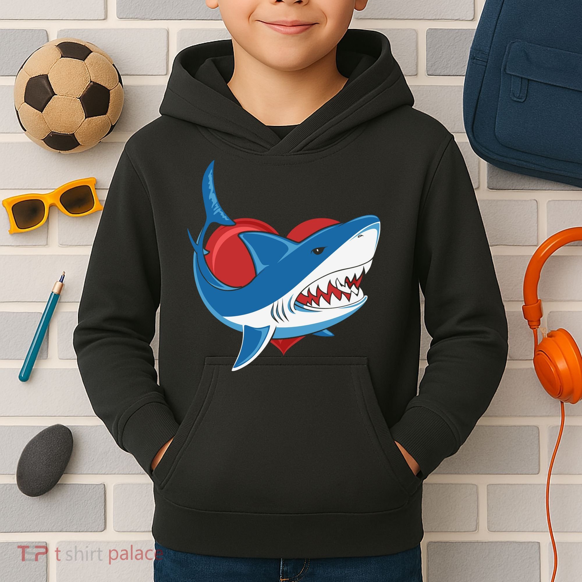 Shark With Heart, Shark Lovers Valentine Gift For Valentine Day Kids Hoodie