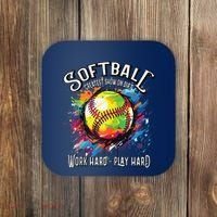 Softball Work Hard Play Hard Fastpitch Slowpitch Softball Coaster thumb 0