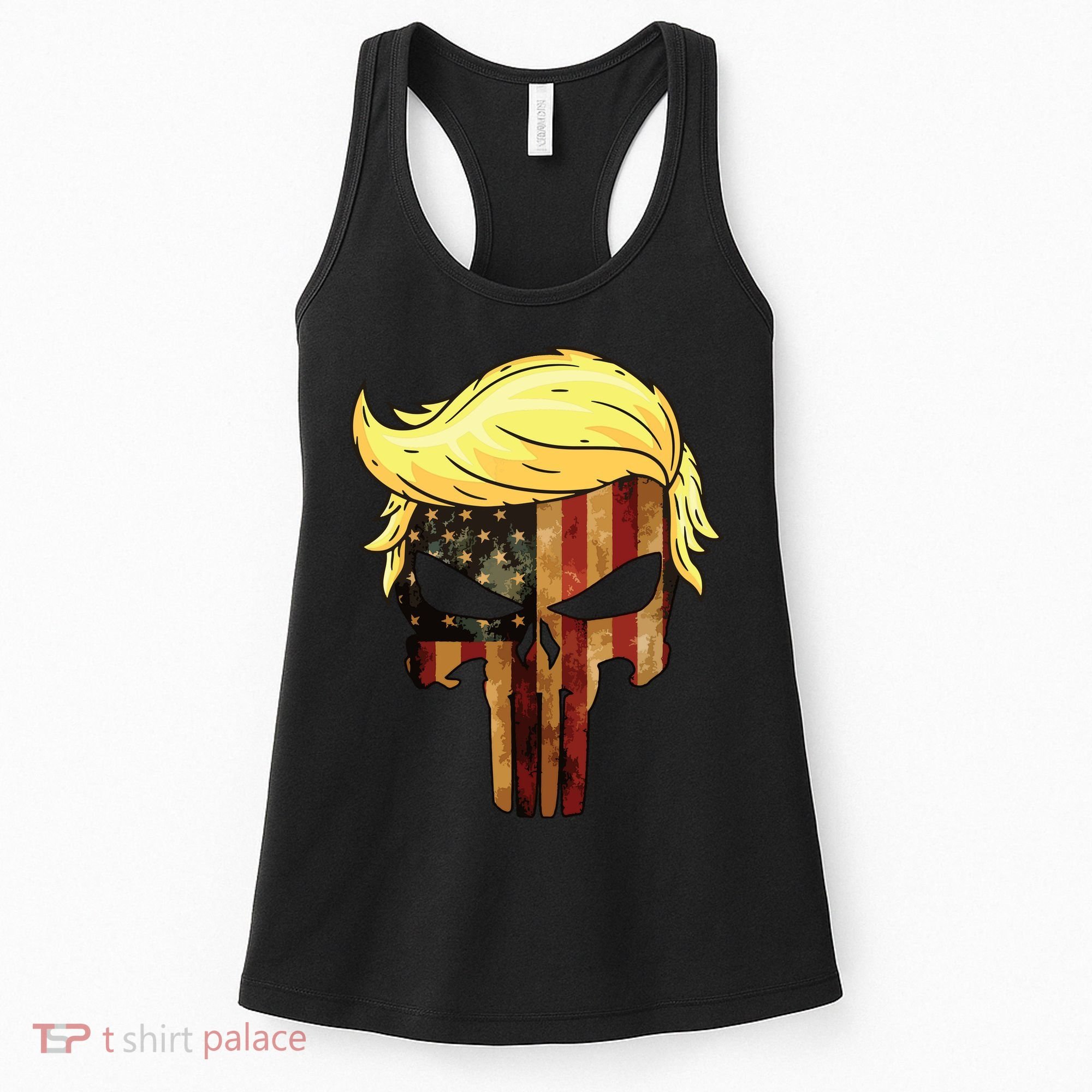 Skull With Iconic Trump Hair President Flag America Women's Tank Top