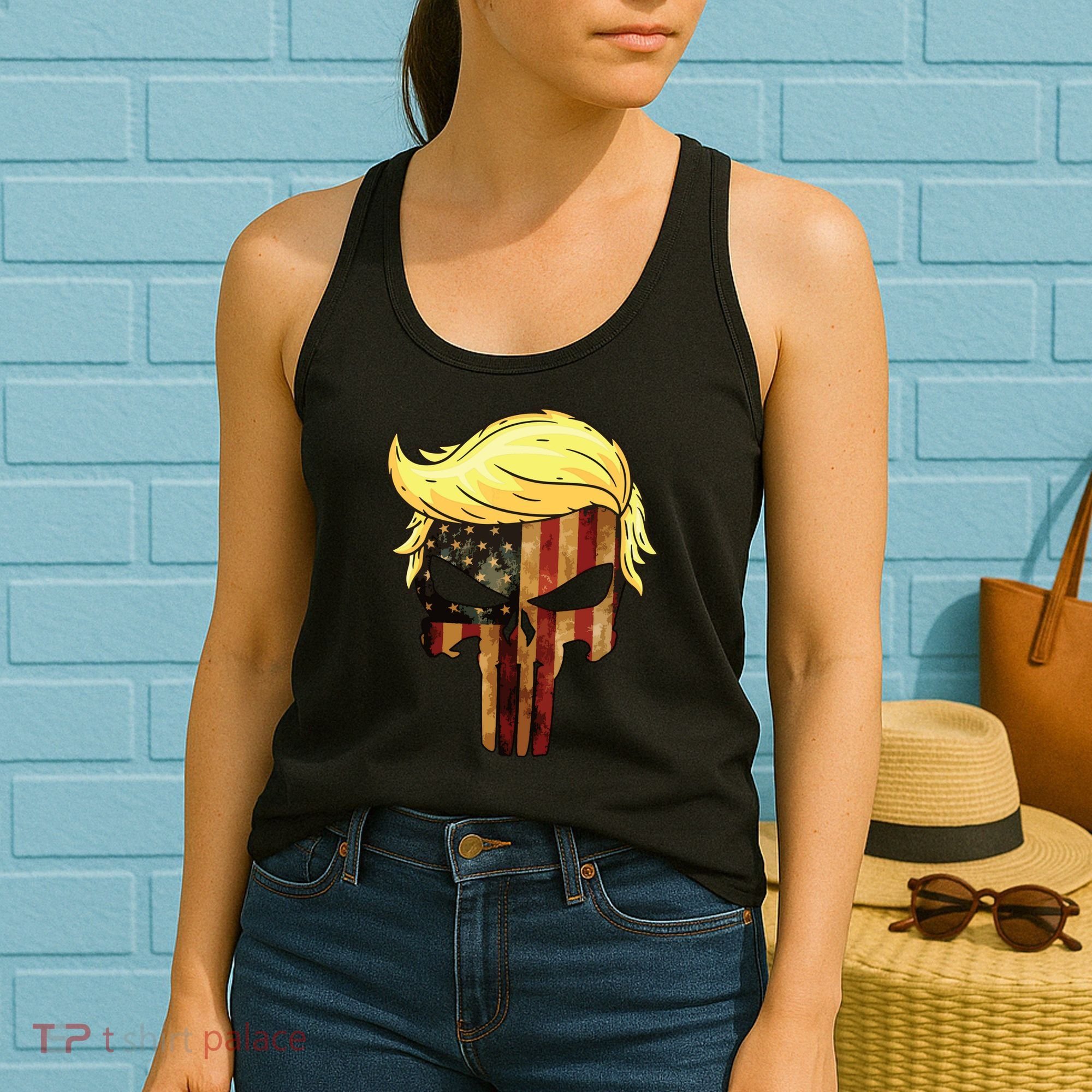 Skull With Iconic Trump Hair President Flag America Women's Tank Top