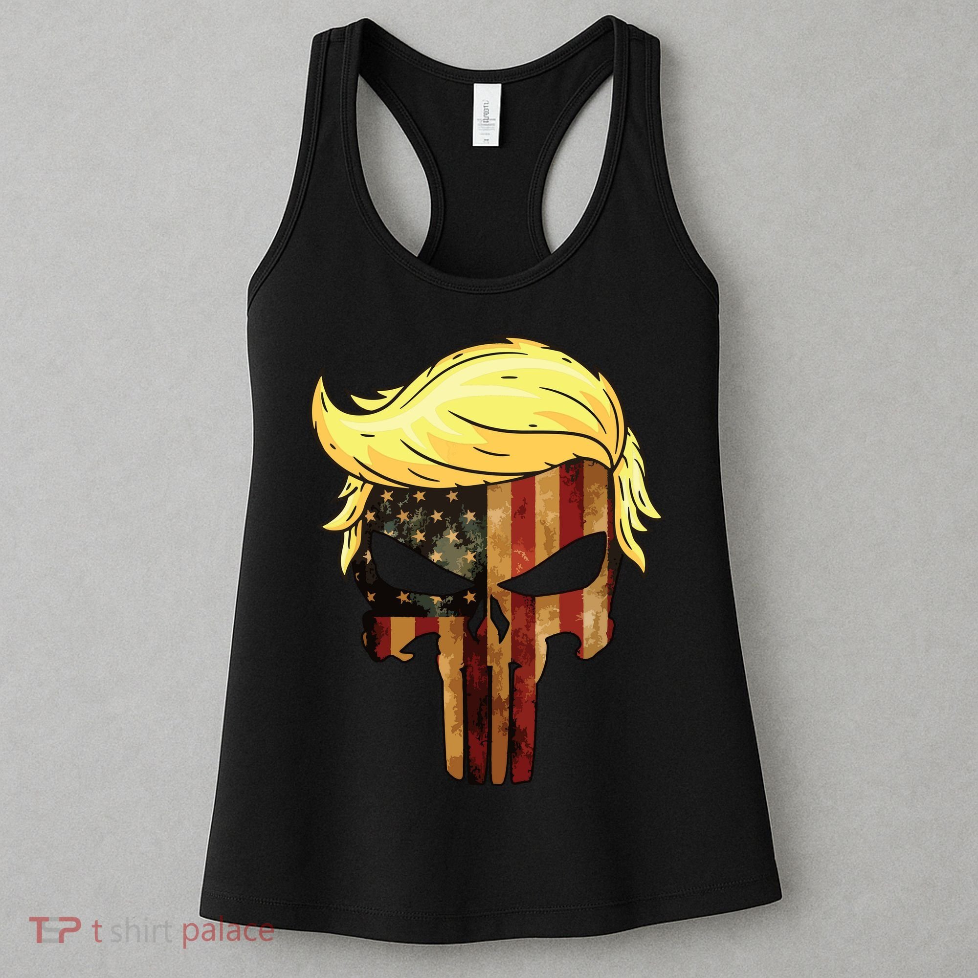 Skull With Iconic Trump Hair President Flag America Women's Tank Top