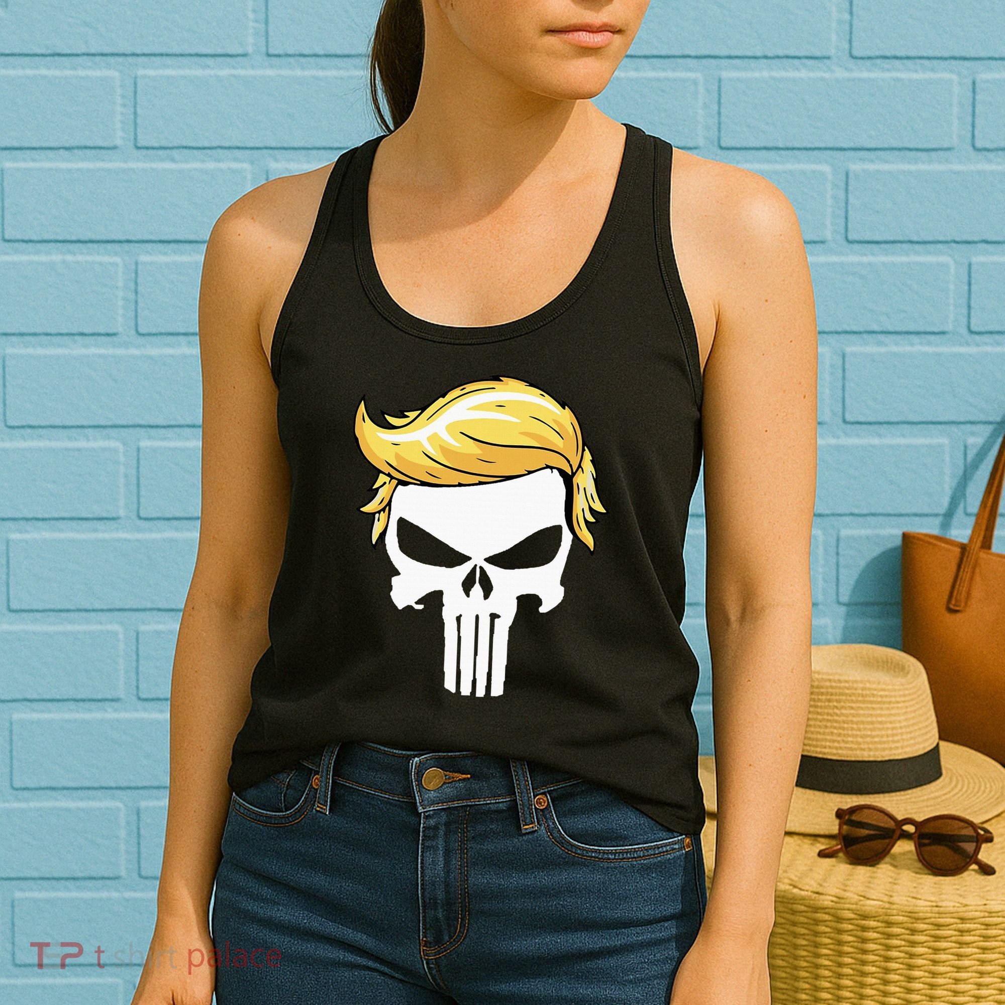 Skull With Iconic Trump Hair President Supporter Women's Tank Top