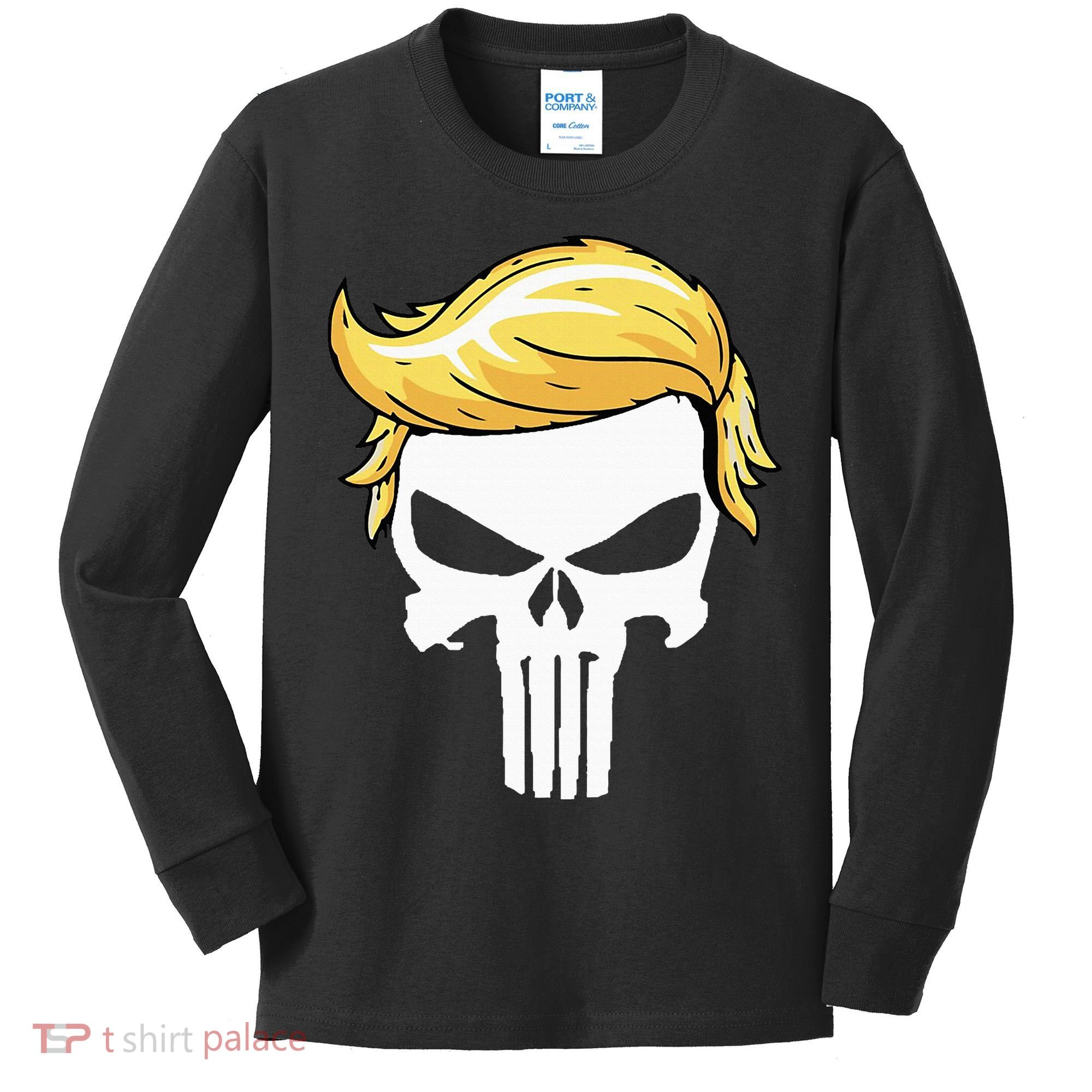 Skull With Iconic Trump Hair President Supporter Kids Long Sleeve Shirt