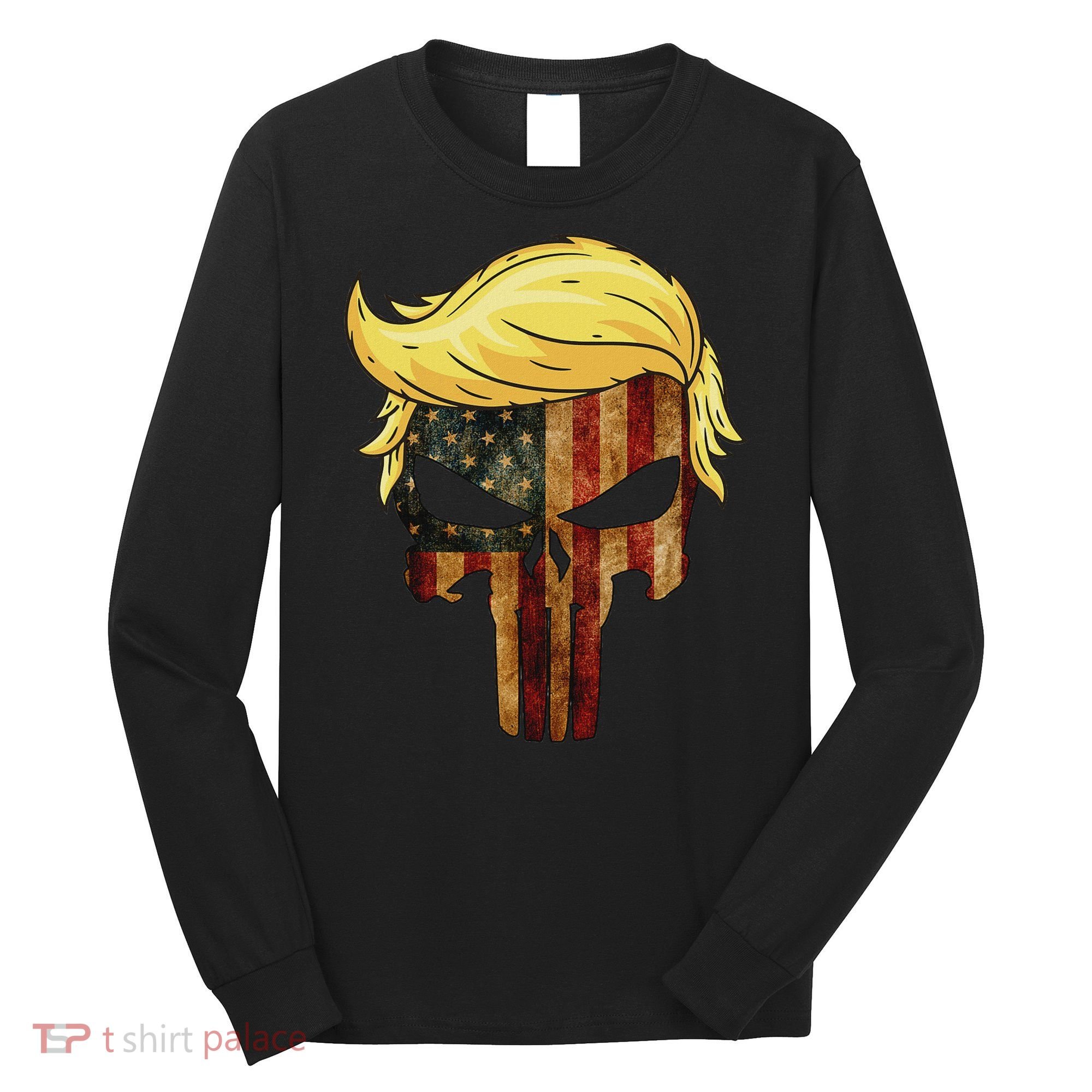 Skull With Iconic Trump Hair American Flag Long Sleeve Shirt