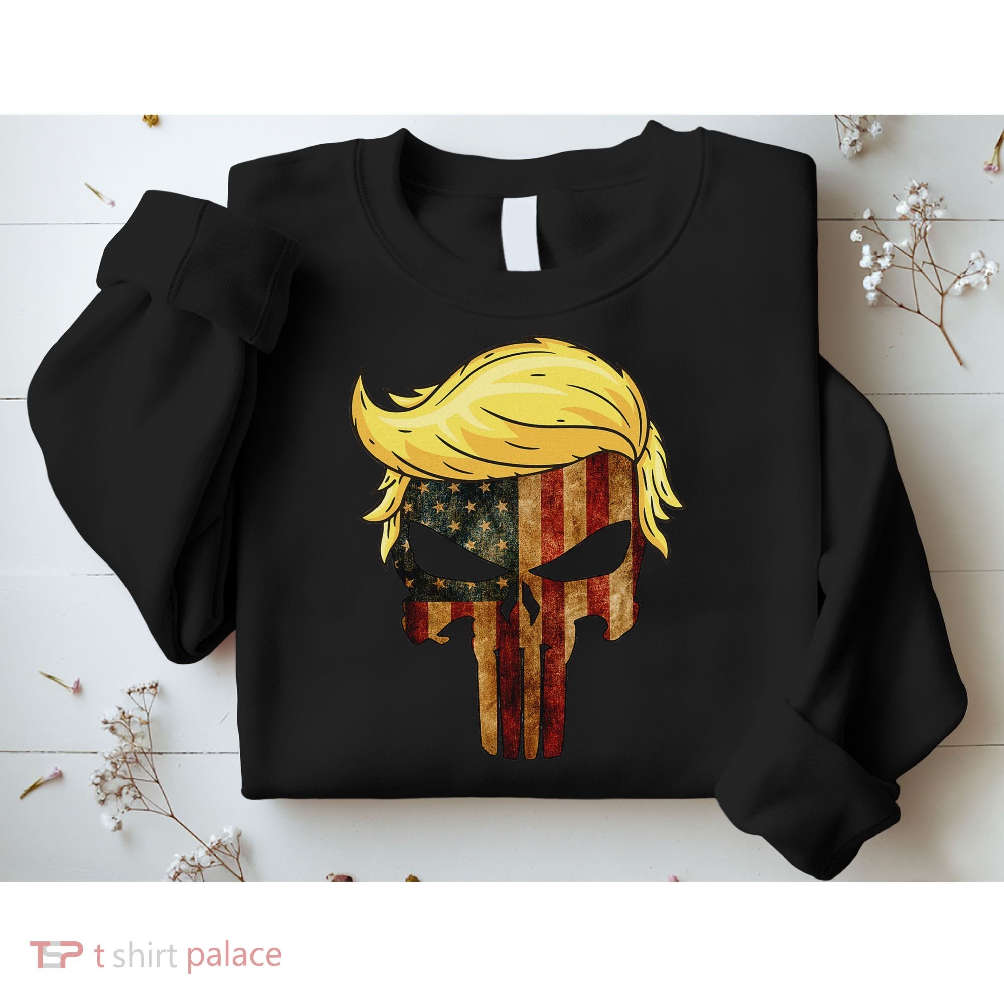 Skull With Iconic Trump Hair American Flag Sweatshirt
