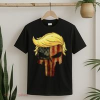 Skull With Iconic Trump Hair American Flag T-Shirt thumb 2