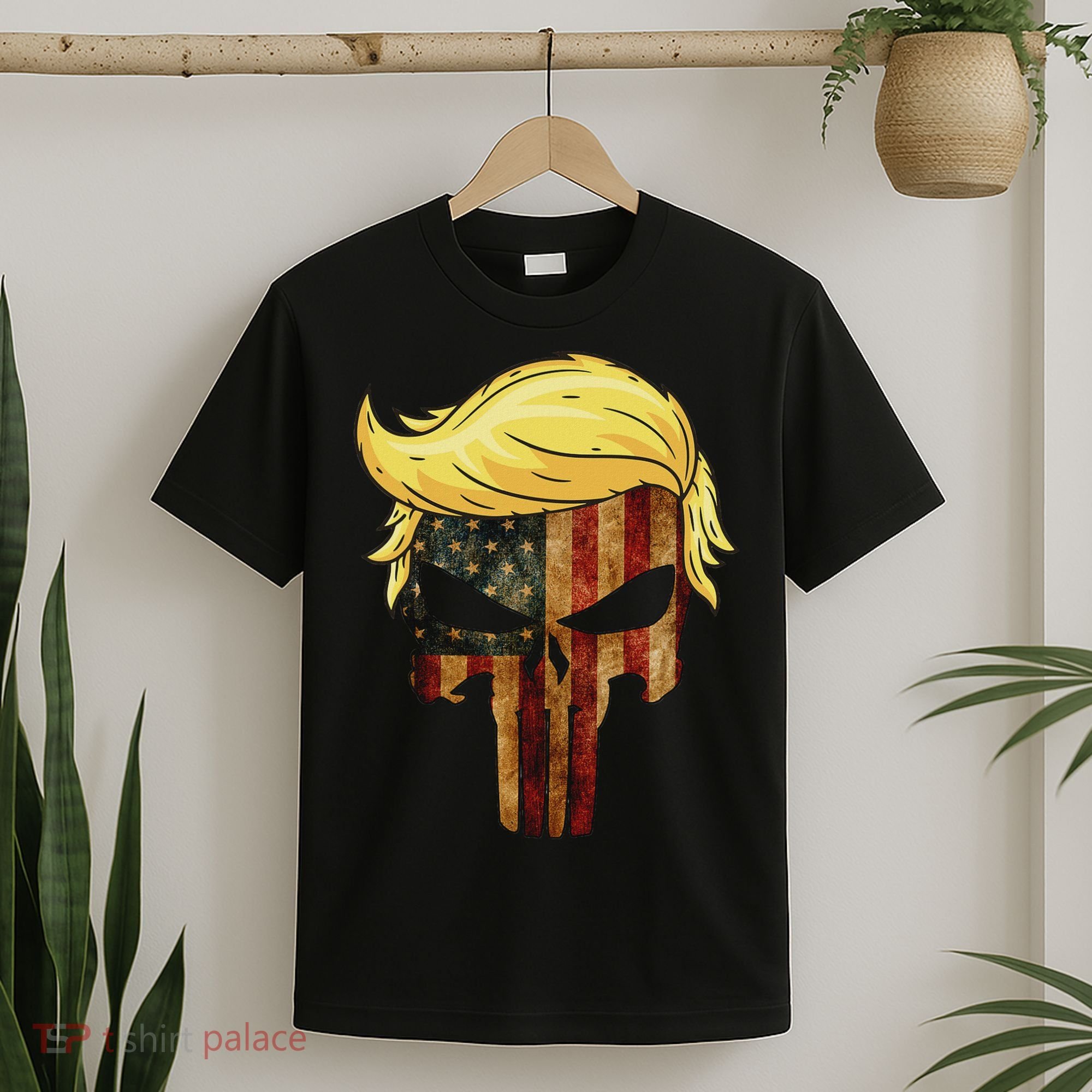 Skull With Iconic Trump Hair American Flag T-Shirt
