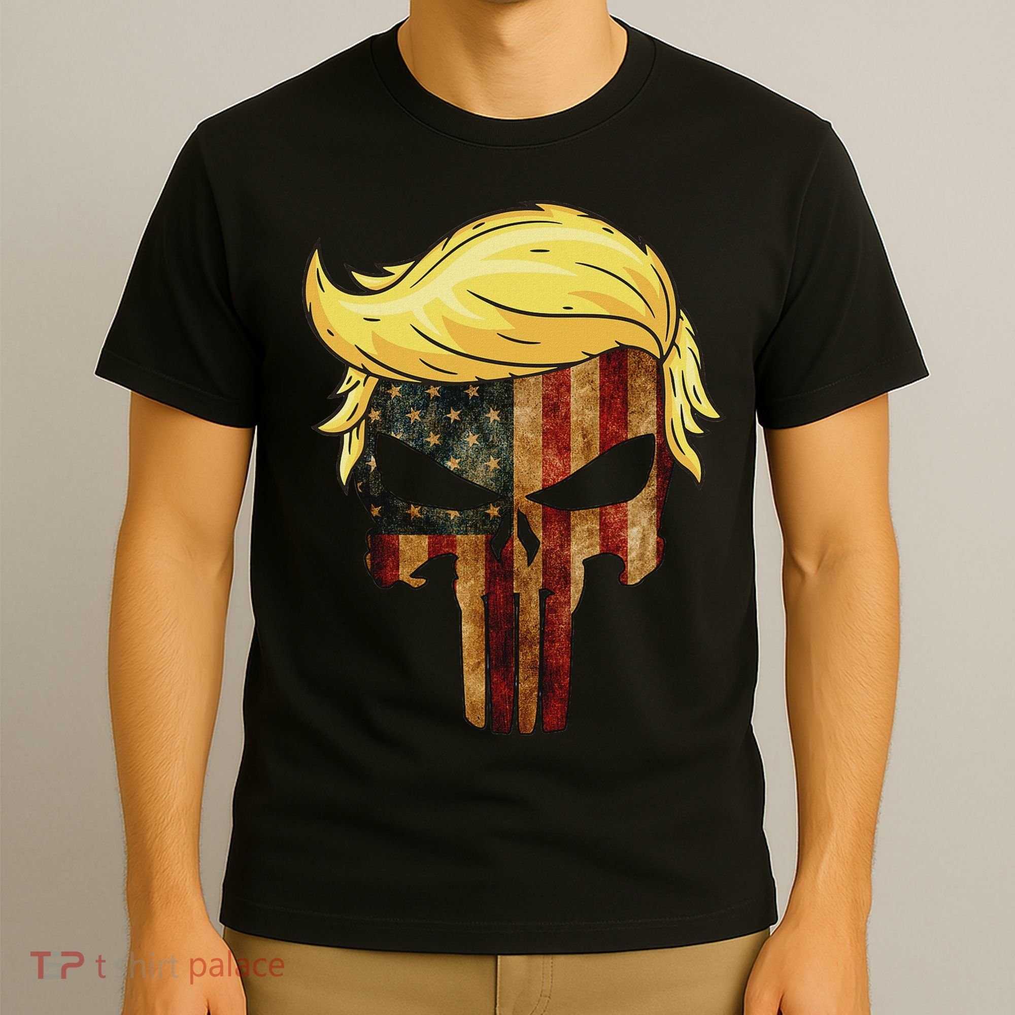 Skull With Iconic Trump Hair American Flag T-Shirt