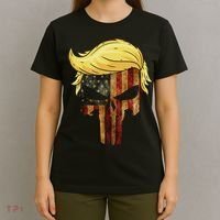 Skull With Iconic Trump Hair American Flag T-Shirt thumb 4