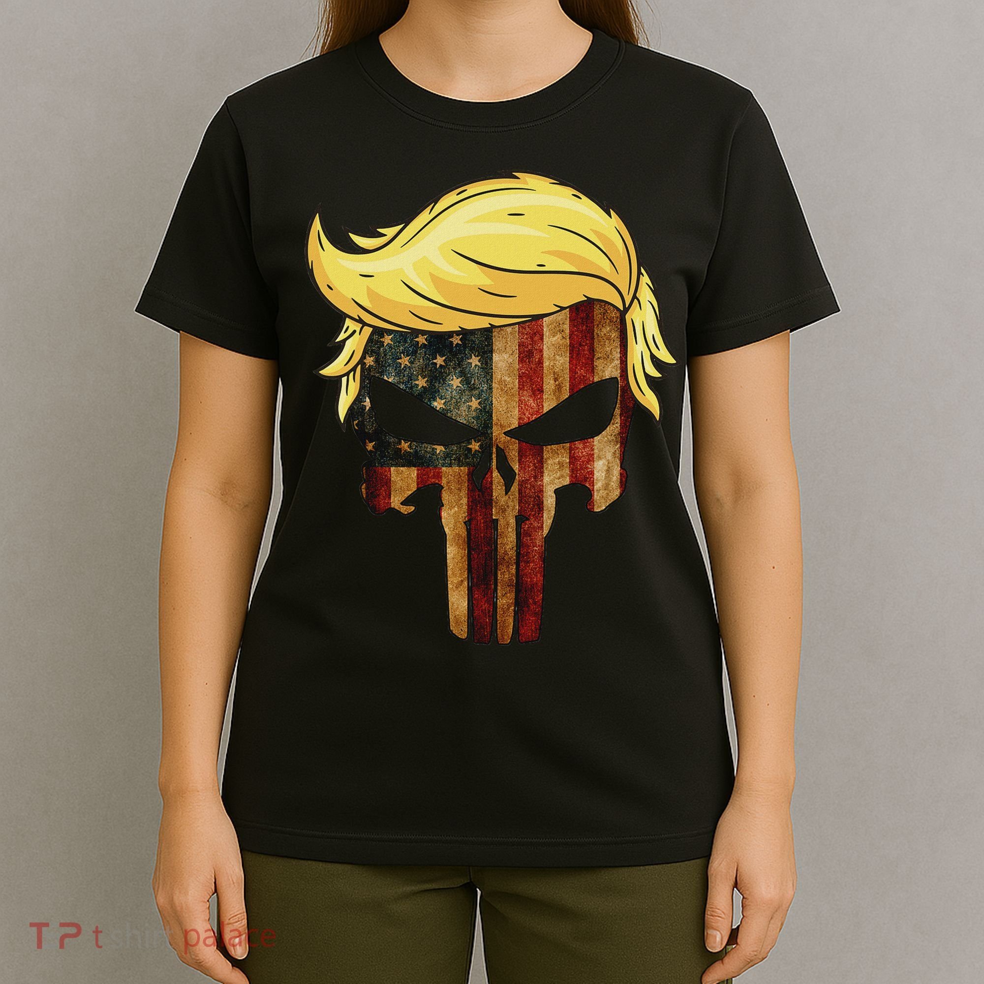 Skull With Iconic Trump Hair American Flag T-Shirt