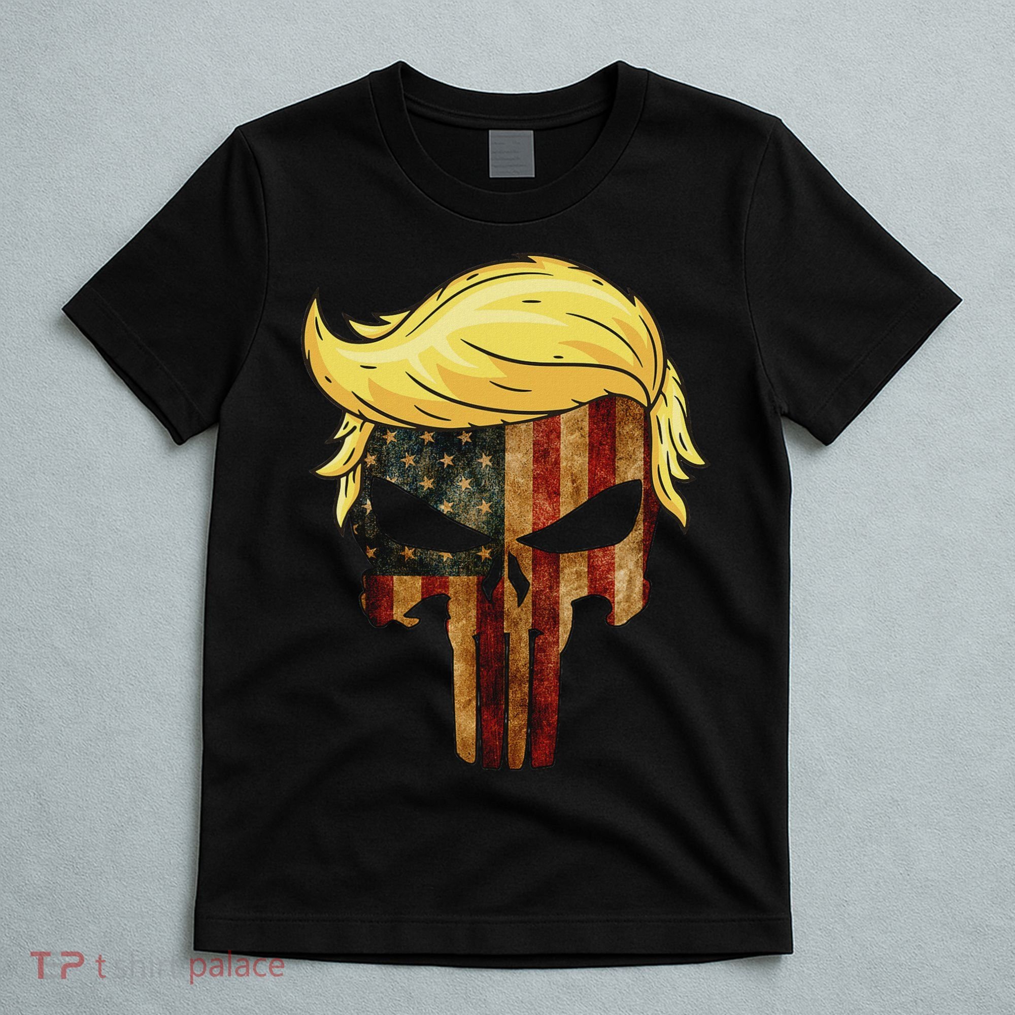 Skull With Iconic Trump Hair American Flag T-Shirt