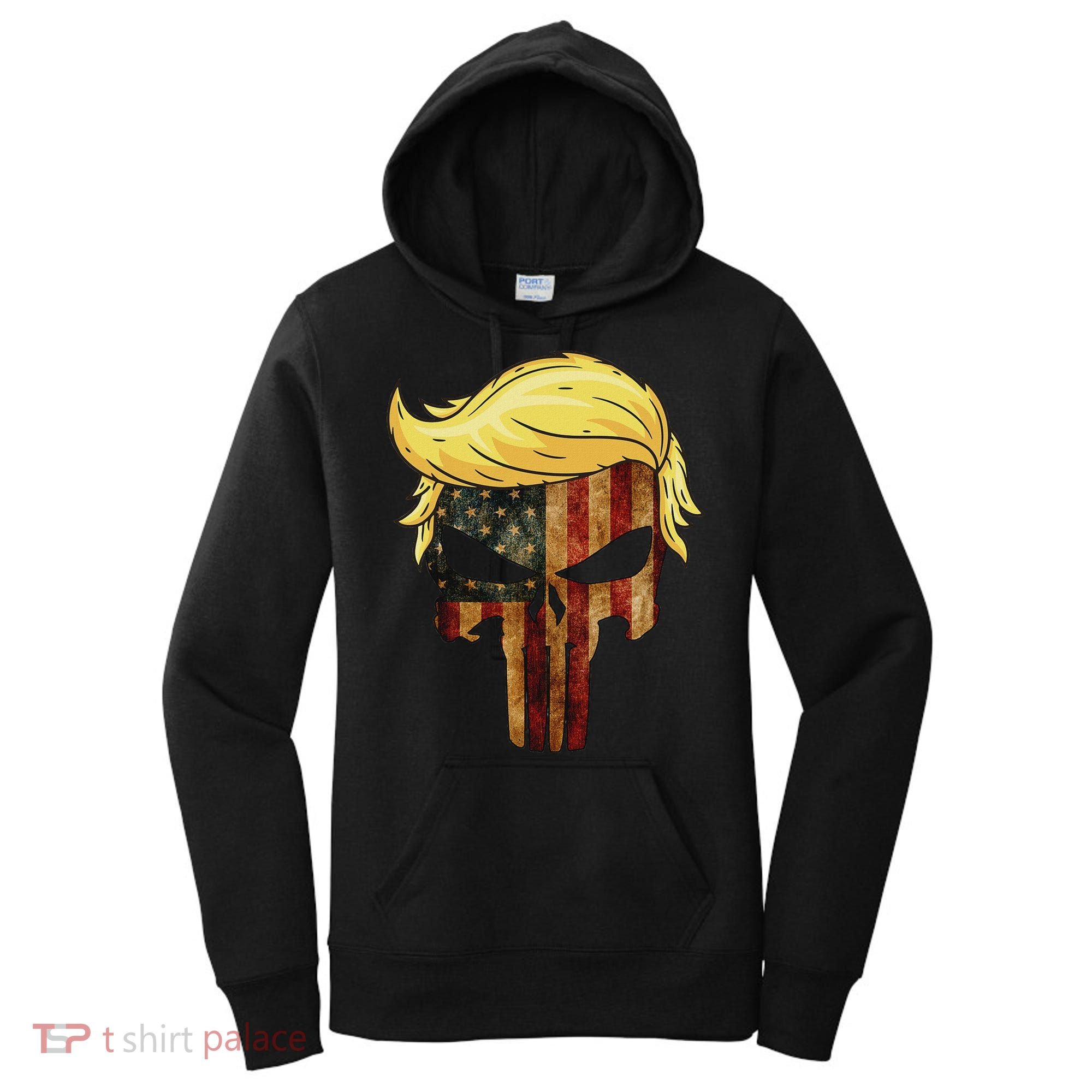 Skull With Iconic Trump Hair American Flag Women's Hoodie
