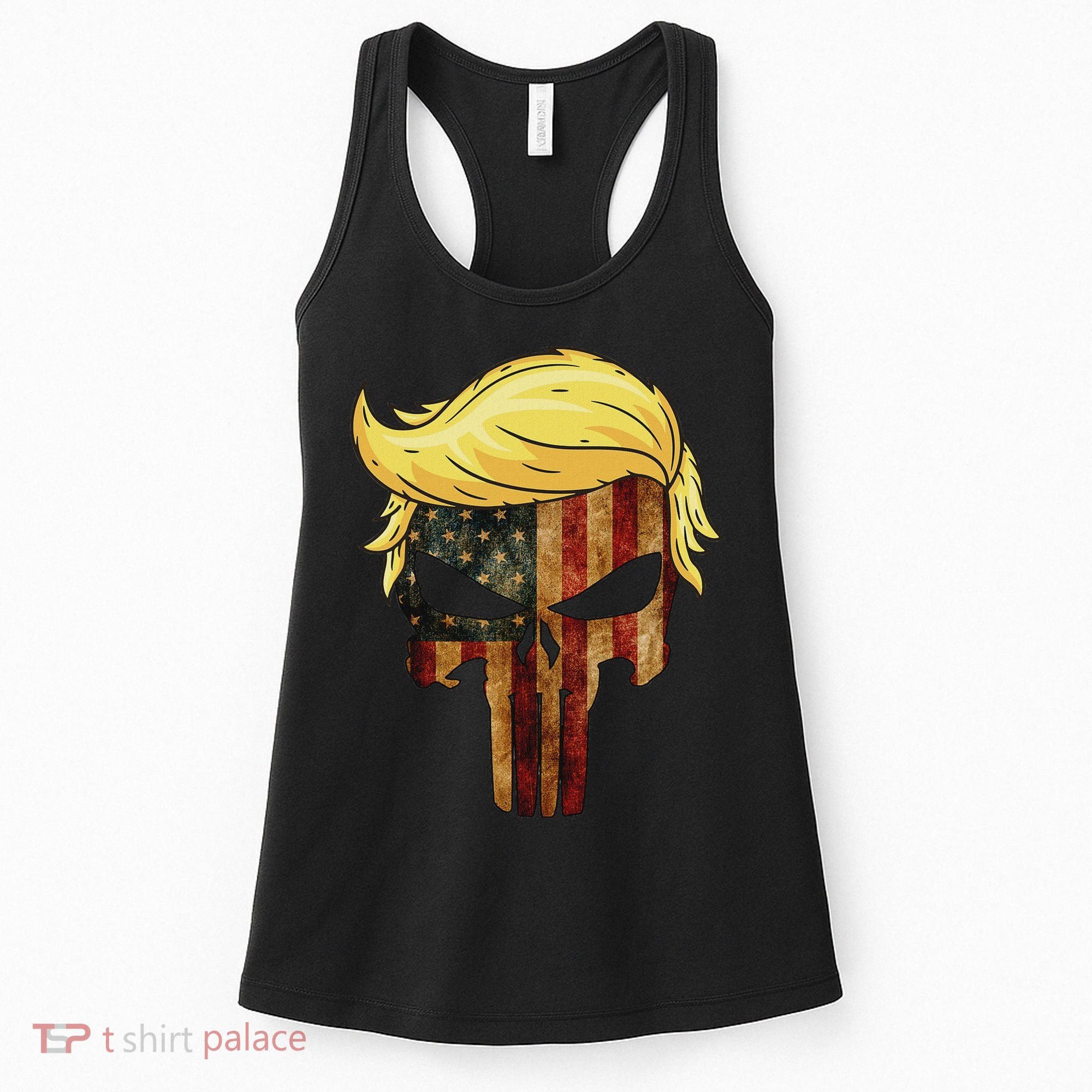 Skull With Iconic Trump Hair American Flag Women's Tank Top
