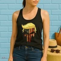 Skull With Iconic Trump Hair American Flag Women's Tank Top thumb 2