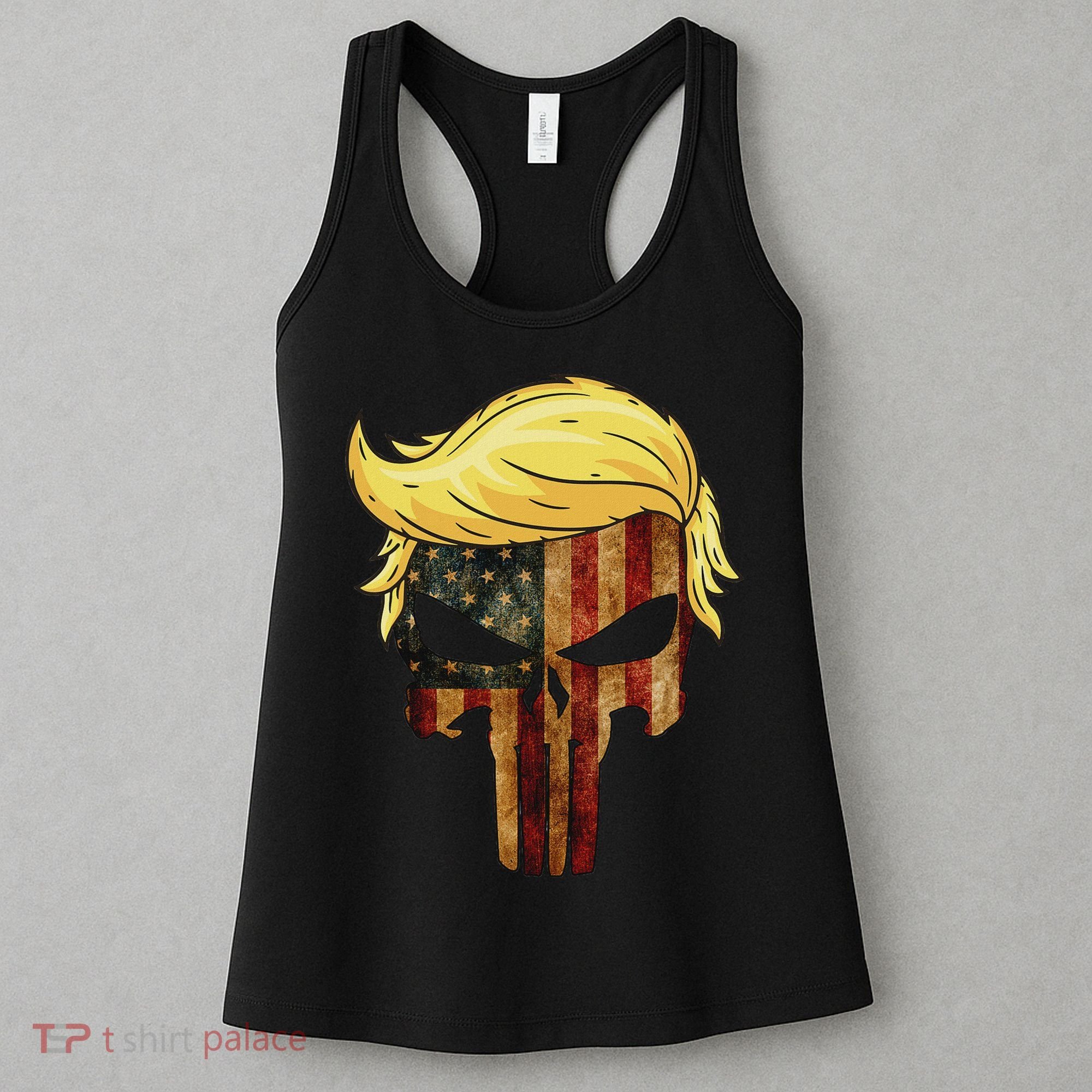 Skull With Iconic Trump Hair American Flag Women's Tank Top
