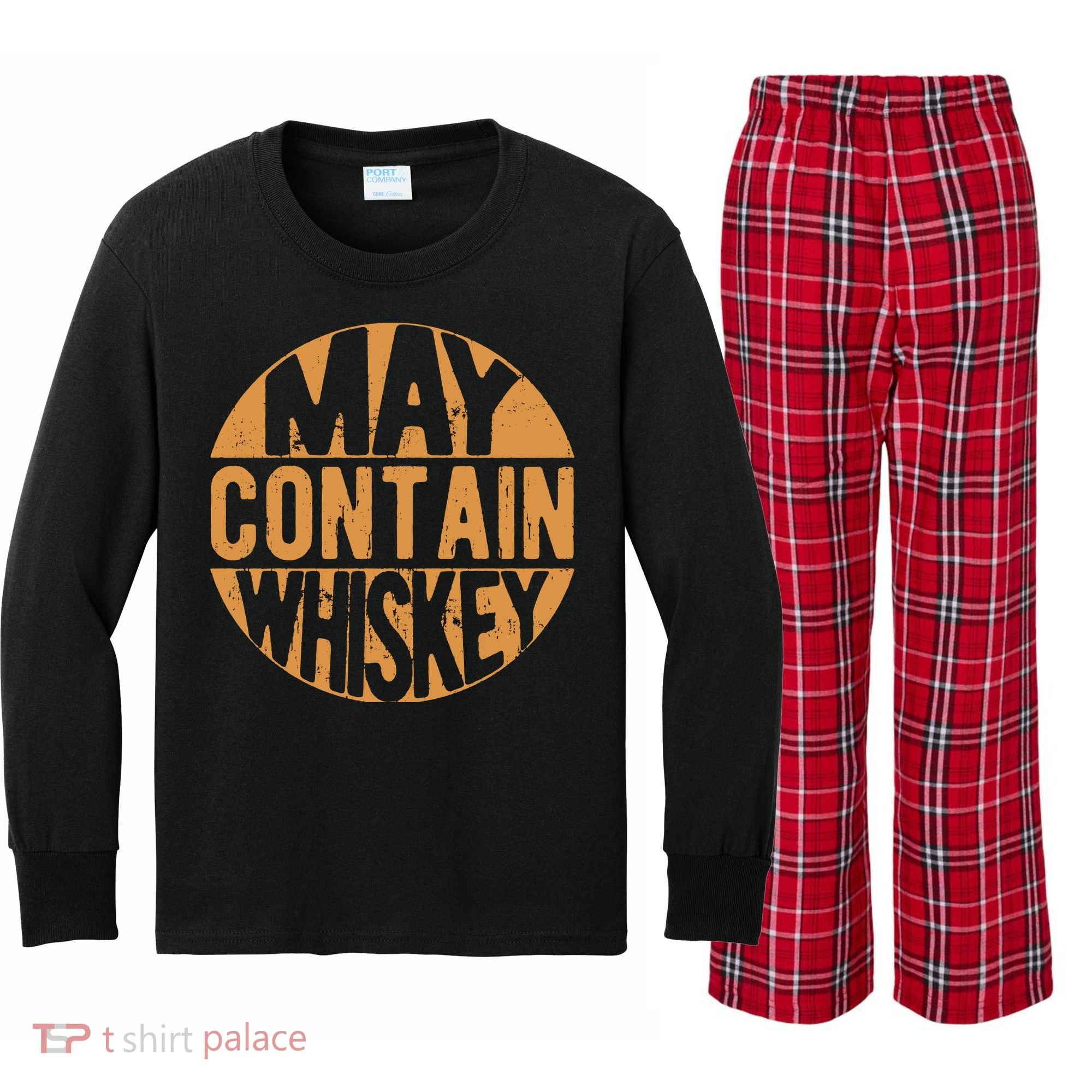 Sarcastic Whiskey May Contain Whiskey Lover Funny Whiskey Kids Long Sleeve Plaid Pajama Set