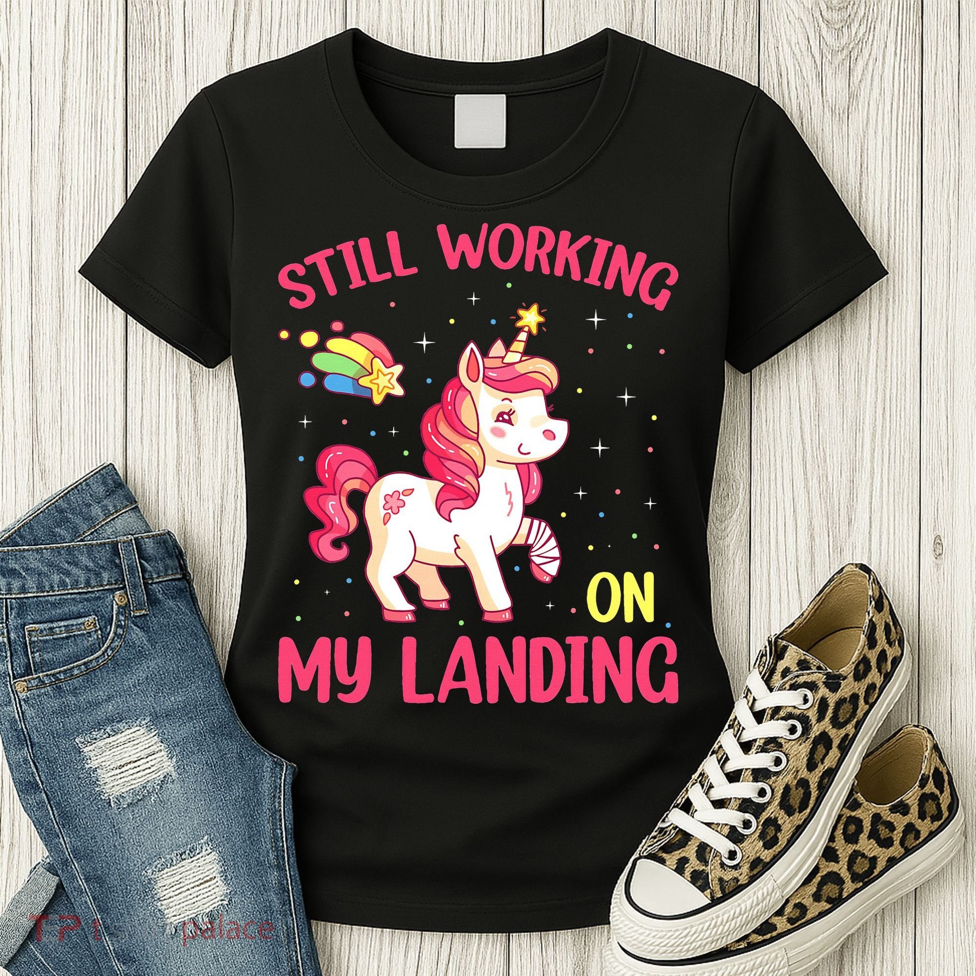 Still Working On My Landing Injury Broken Arm Cute Unicorn Women's T-Shirt