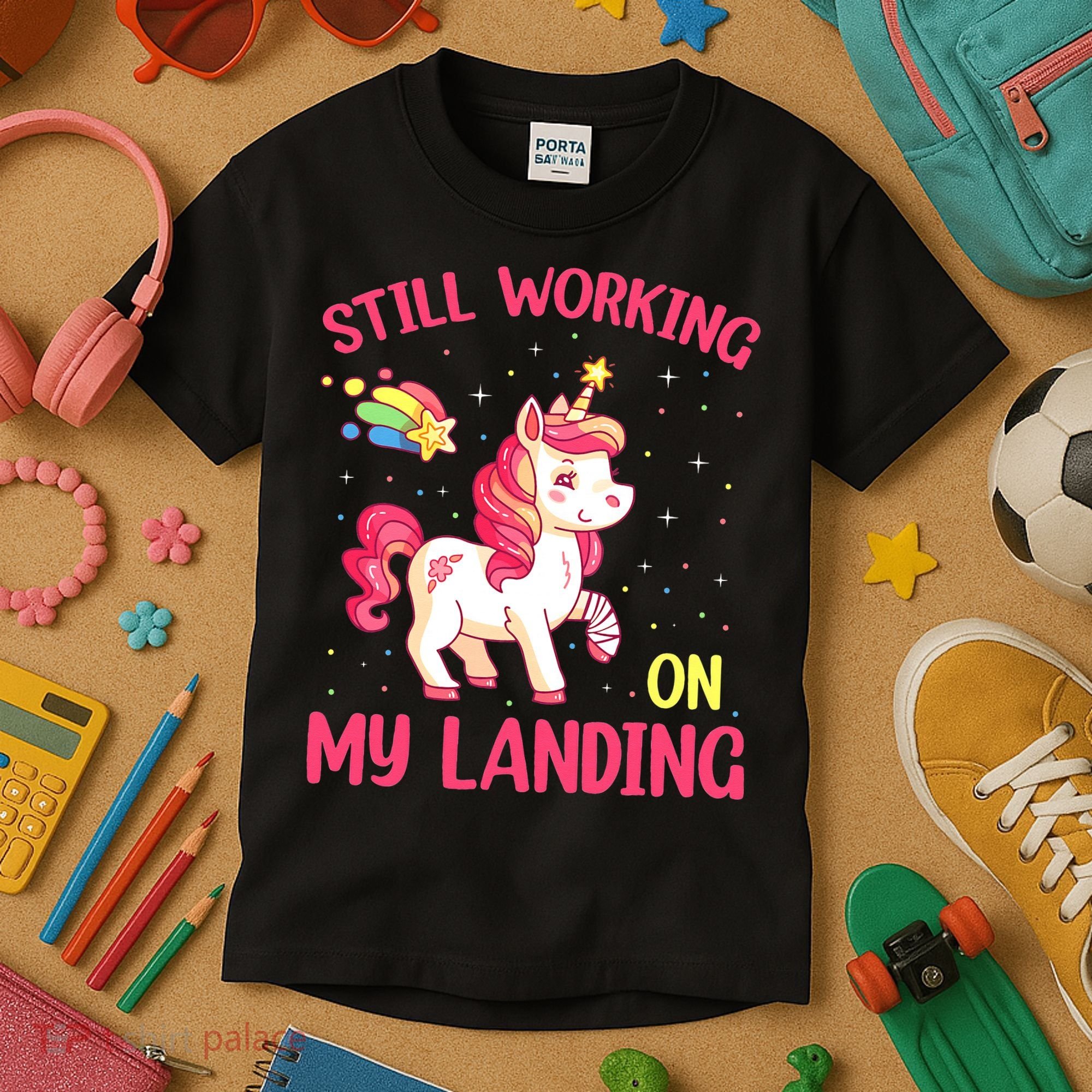 Still Working On My Landing Injury Broken Arm Cute Unicorn Kids T-Shirt