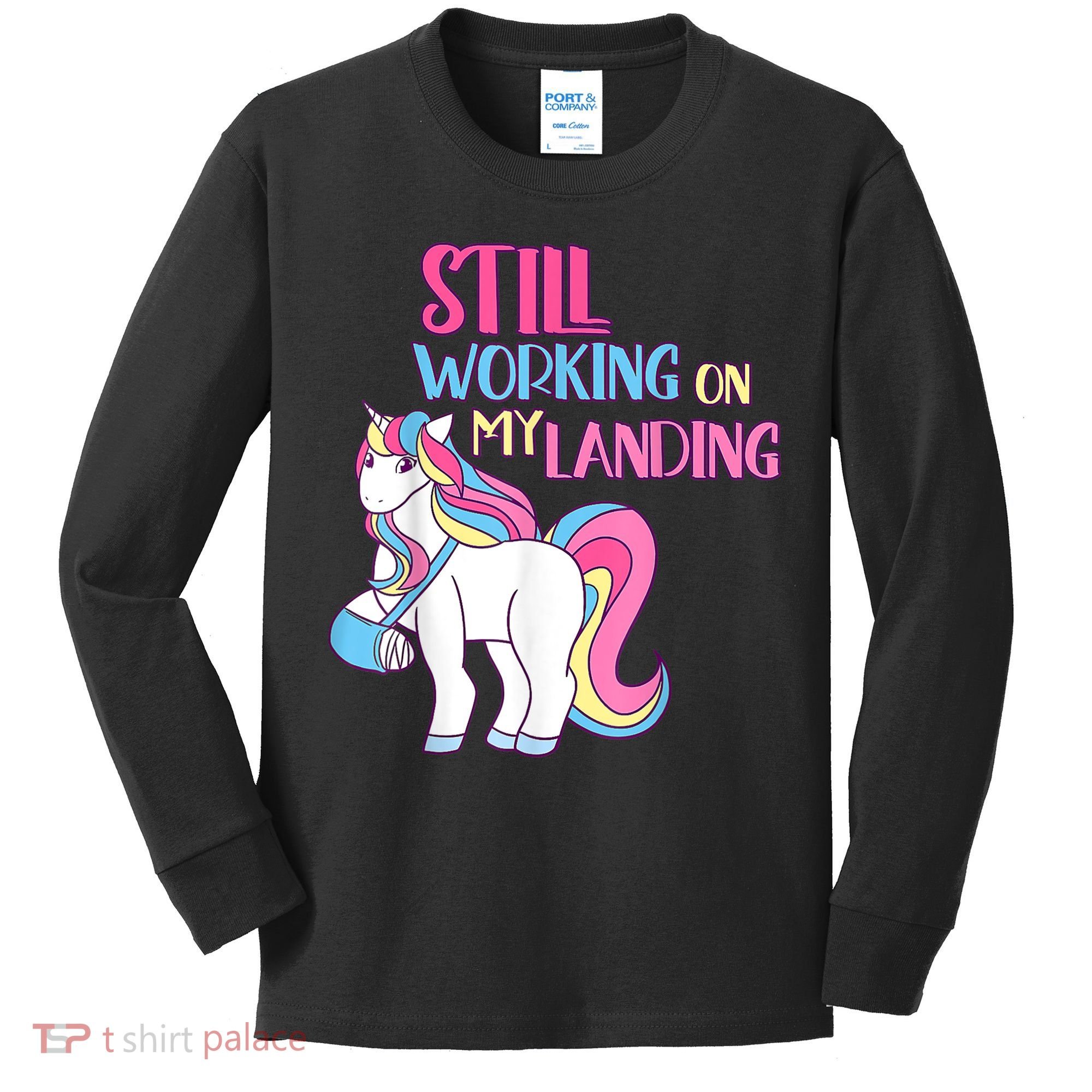 Still Working On My Landing Injury Broken Arm Cute Unicorn Kids Long Sleeve Shirt