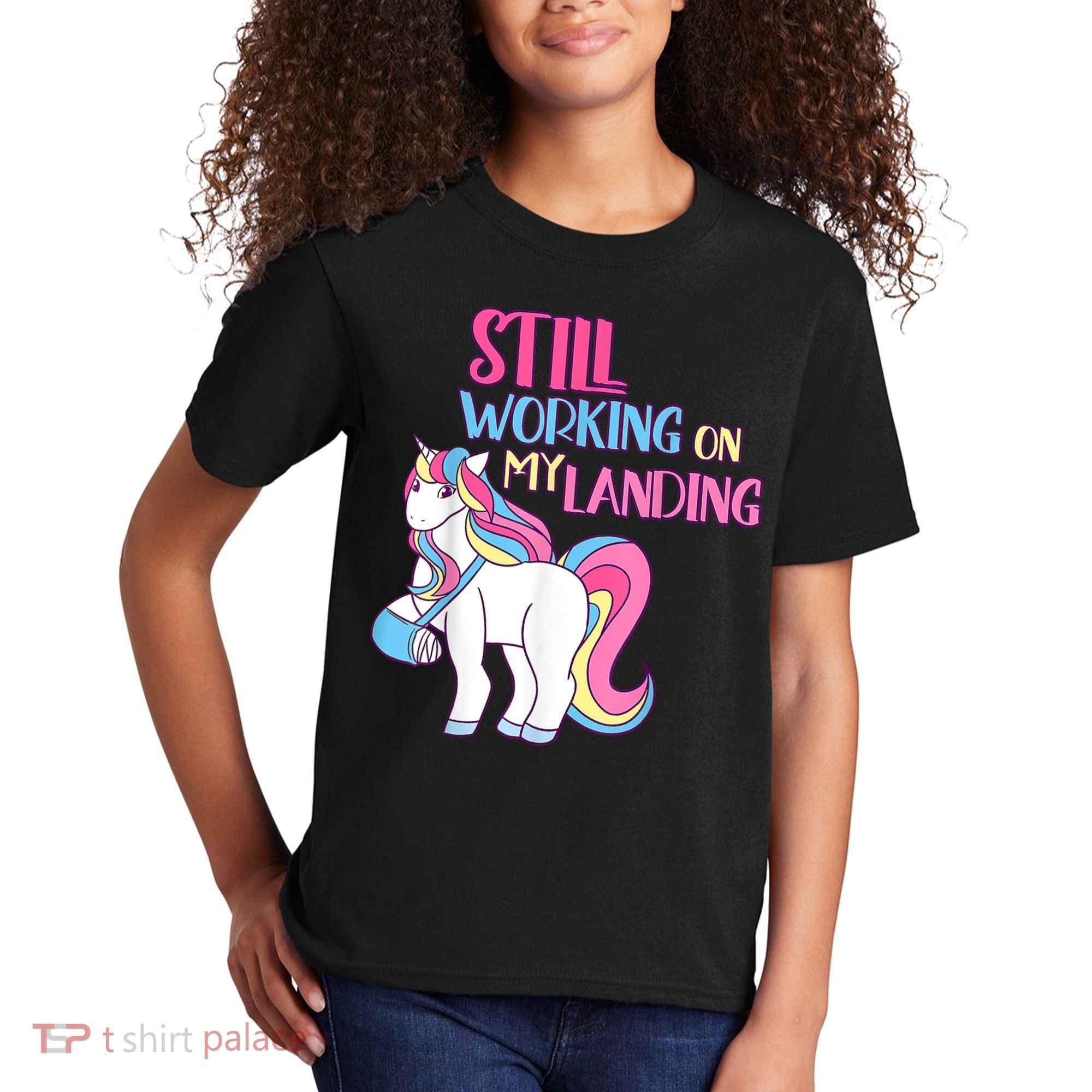 Still Working On My Landing Injury Broken Arm Cute Unicorn Kids T-Shirt