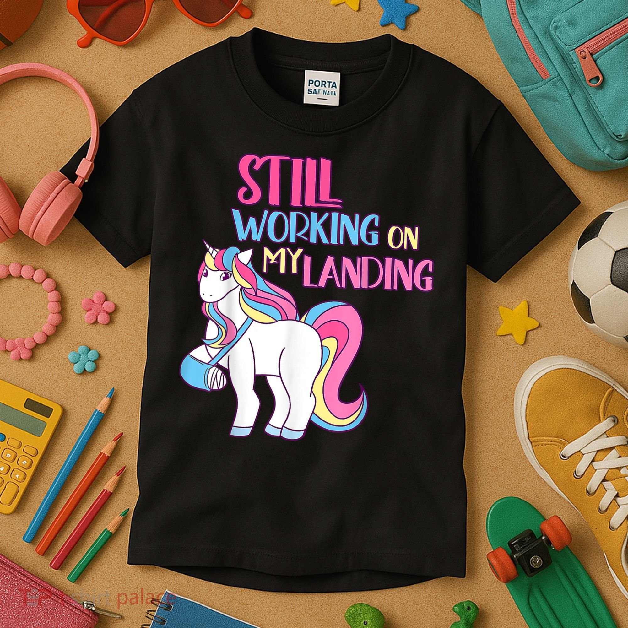 Still Working On My Landing Injury Broken Arm Cute Unicorn Kids T-Shirt