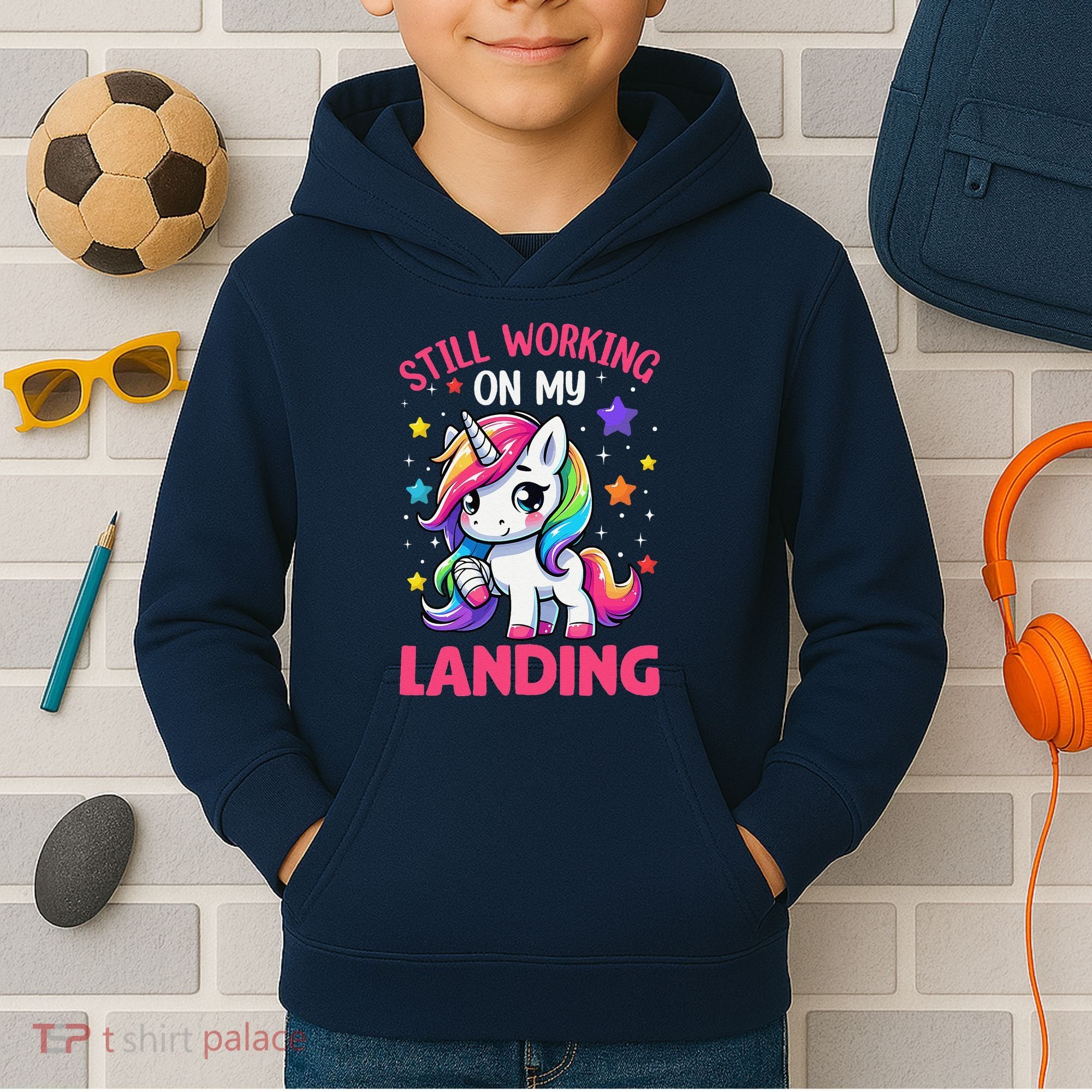 Still Working On My Landing Injury Broken Arm Cute Unicorn Kids Hoodie