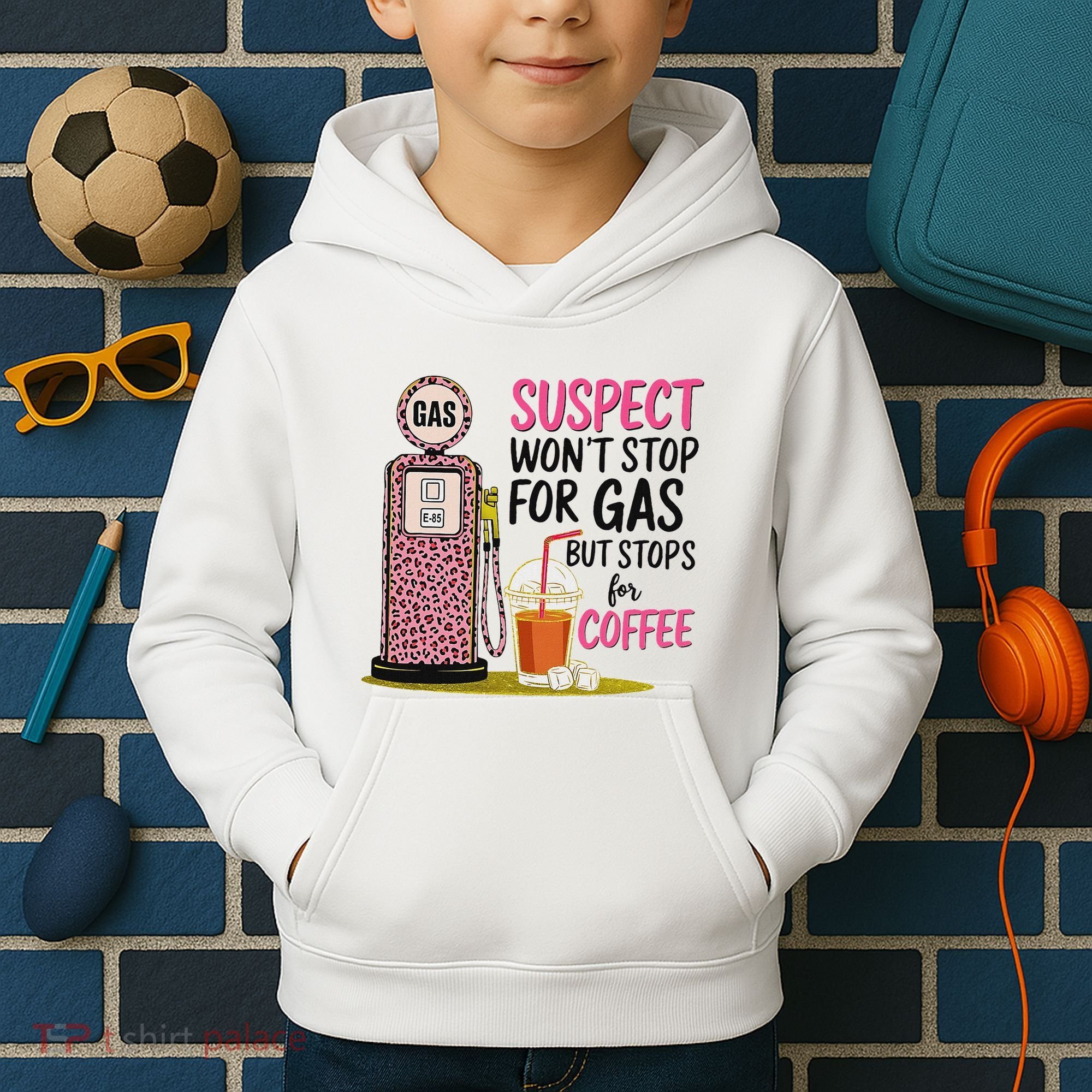 Suspect WonT Stop For Gas But Stops For Coffee Kids Hoodie