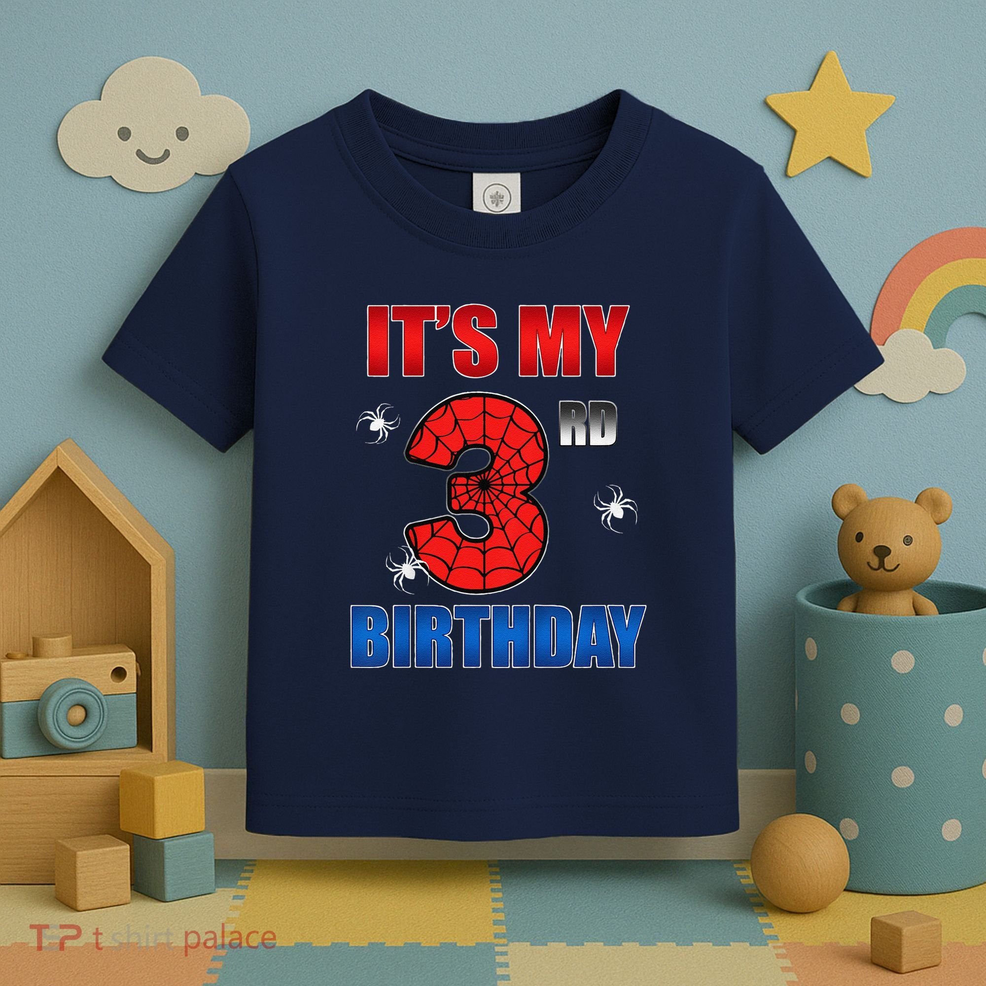 Spider Web Three 3 Years Old ItS My 3rd Birthday Boy Party Toddler T-Shirt