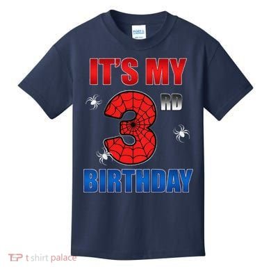 Spider Web Three 3 Years Old ItS My 3rd Birthday Boy Party Kids T-Shirt