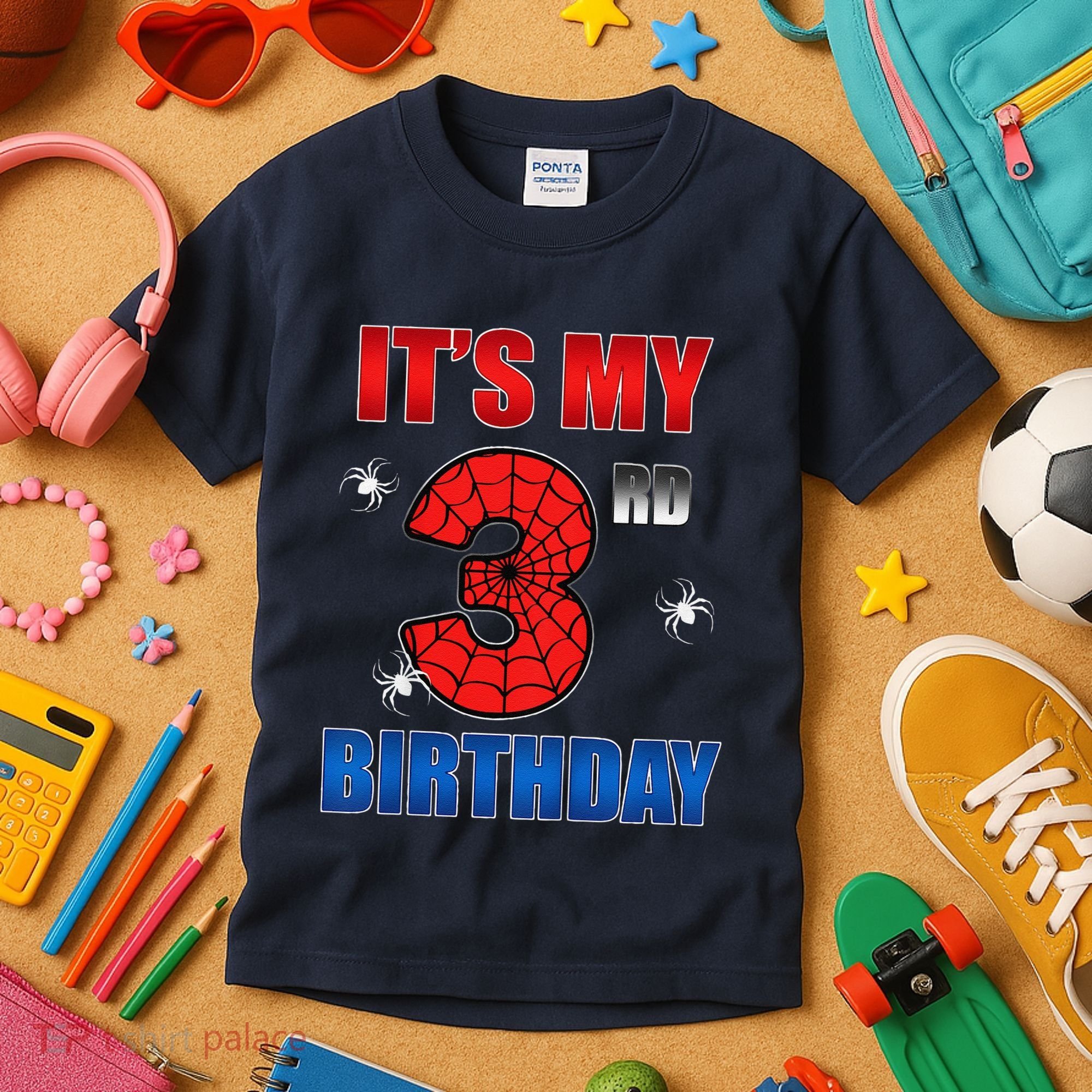Spider Web Three 3 Years Old ItS My 3rd Birthday Boy Party Kids T-Shirt