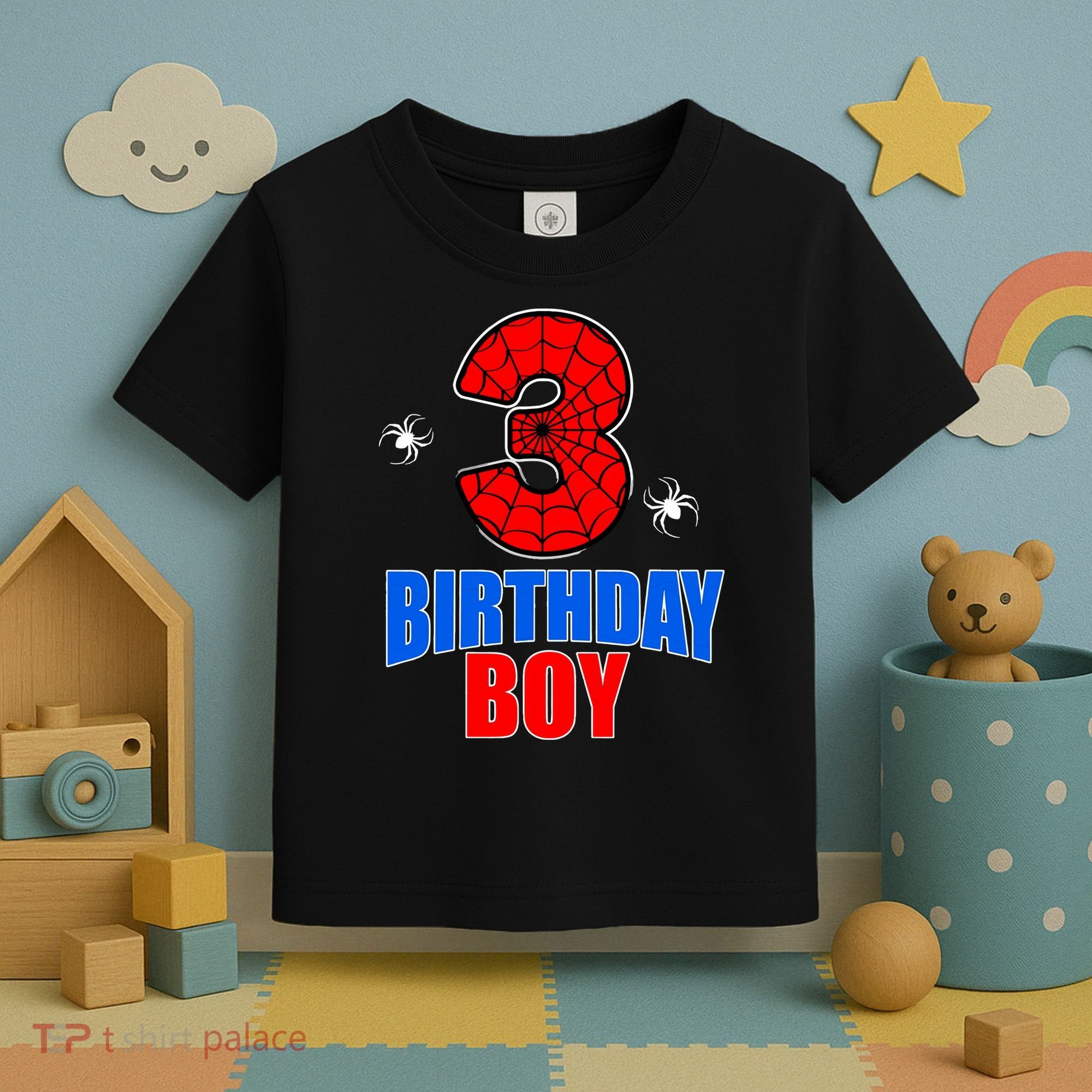 Spider Web Three 3 Years Old 3rd Birthday Boy Party Toddler T-Shirt