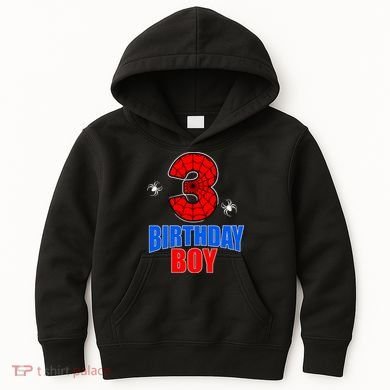 Spider Web Three 3 Years Old 3rd Birthday Boy Party Kids Hoodie